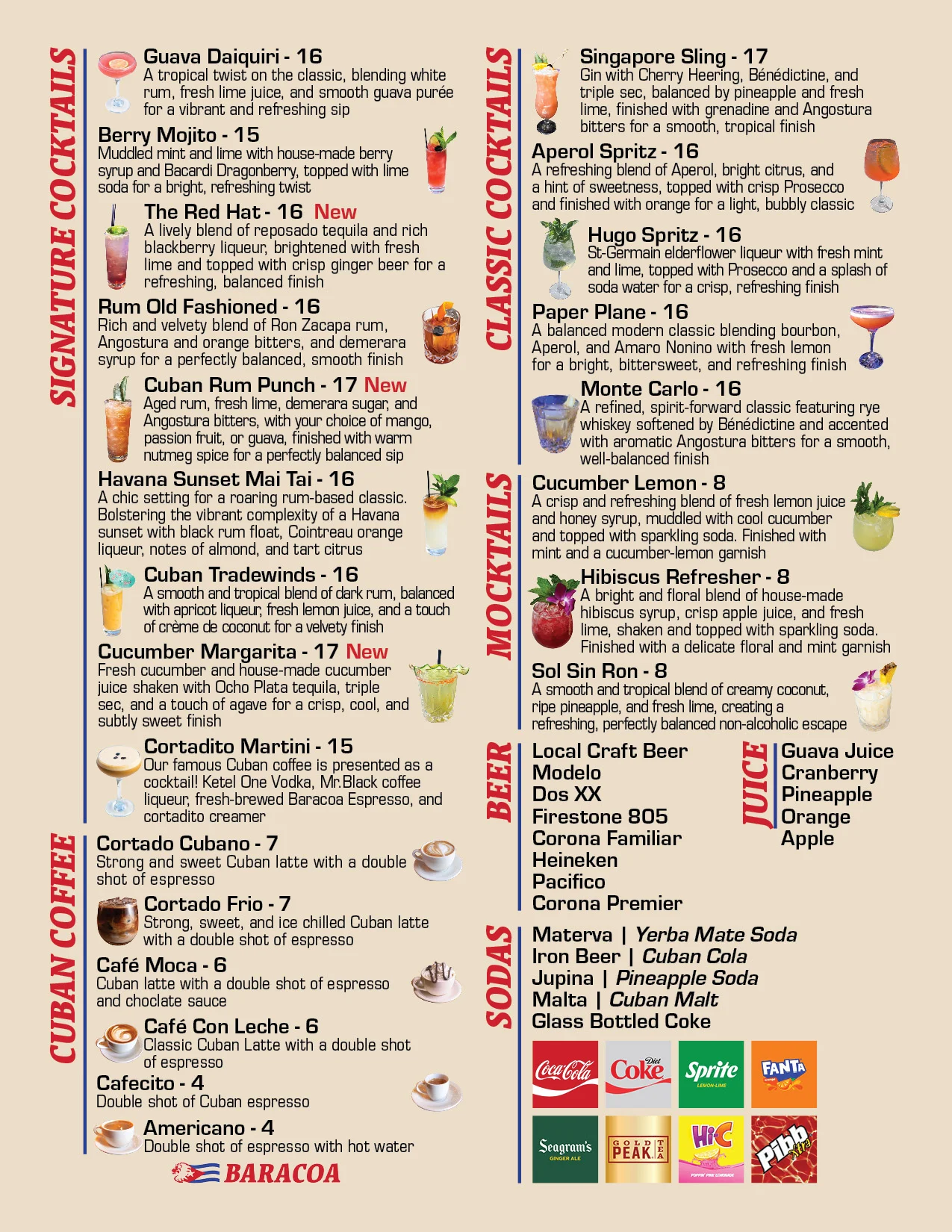 Cocktail menu featuring signature and classic drinks at a vibrant bar