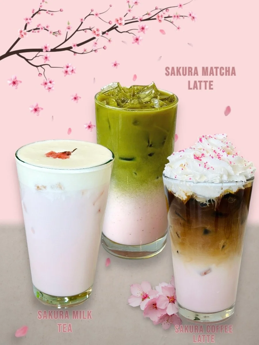 Japanese sakura beverages: matcha latte, milk tea, and coffee latte