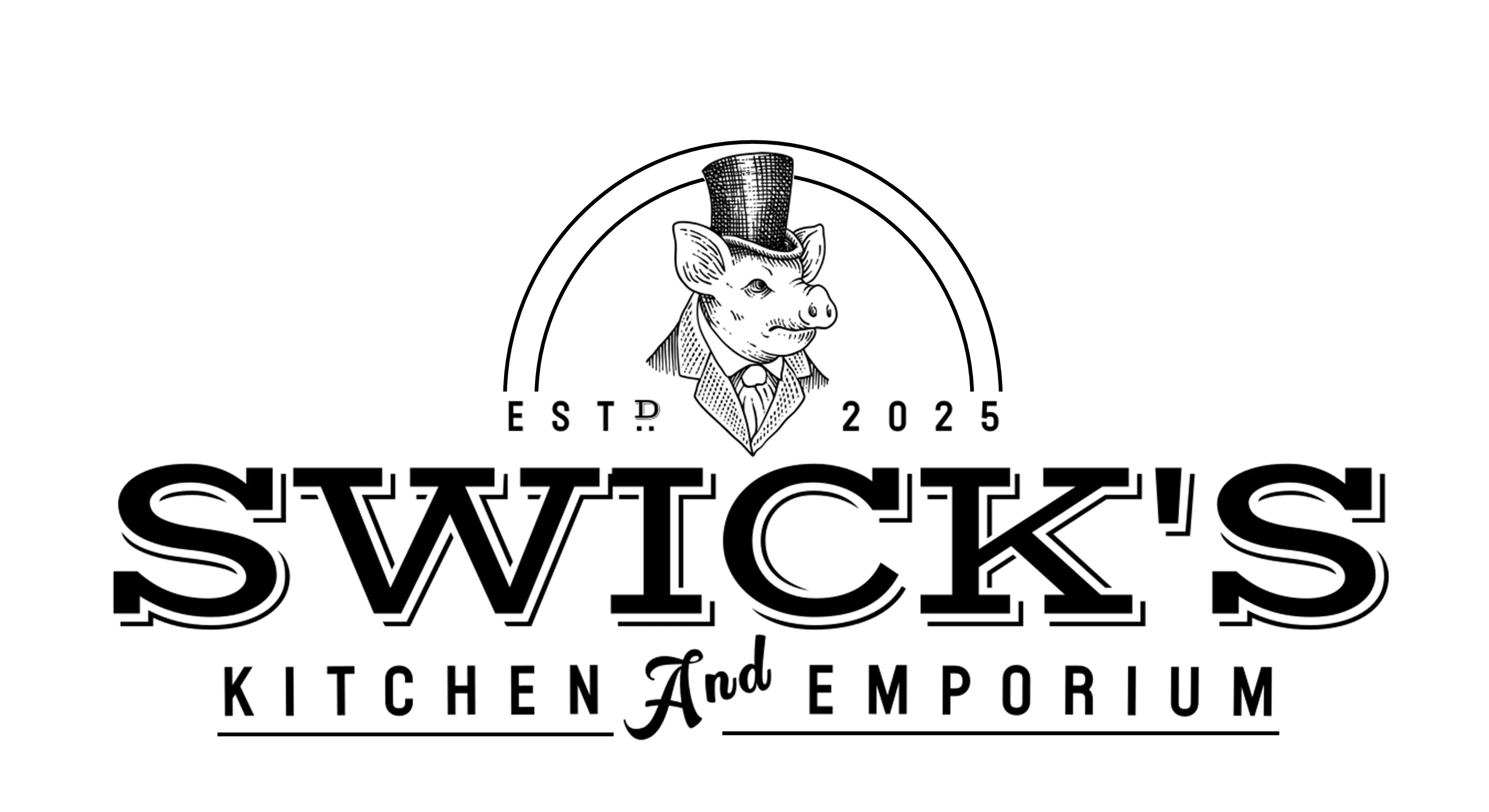 Logo of Swick's Kitchen and Emporium featuring a pig in a top hat