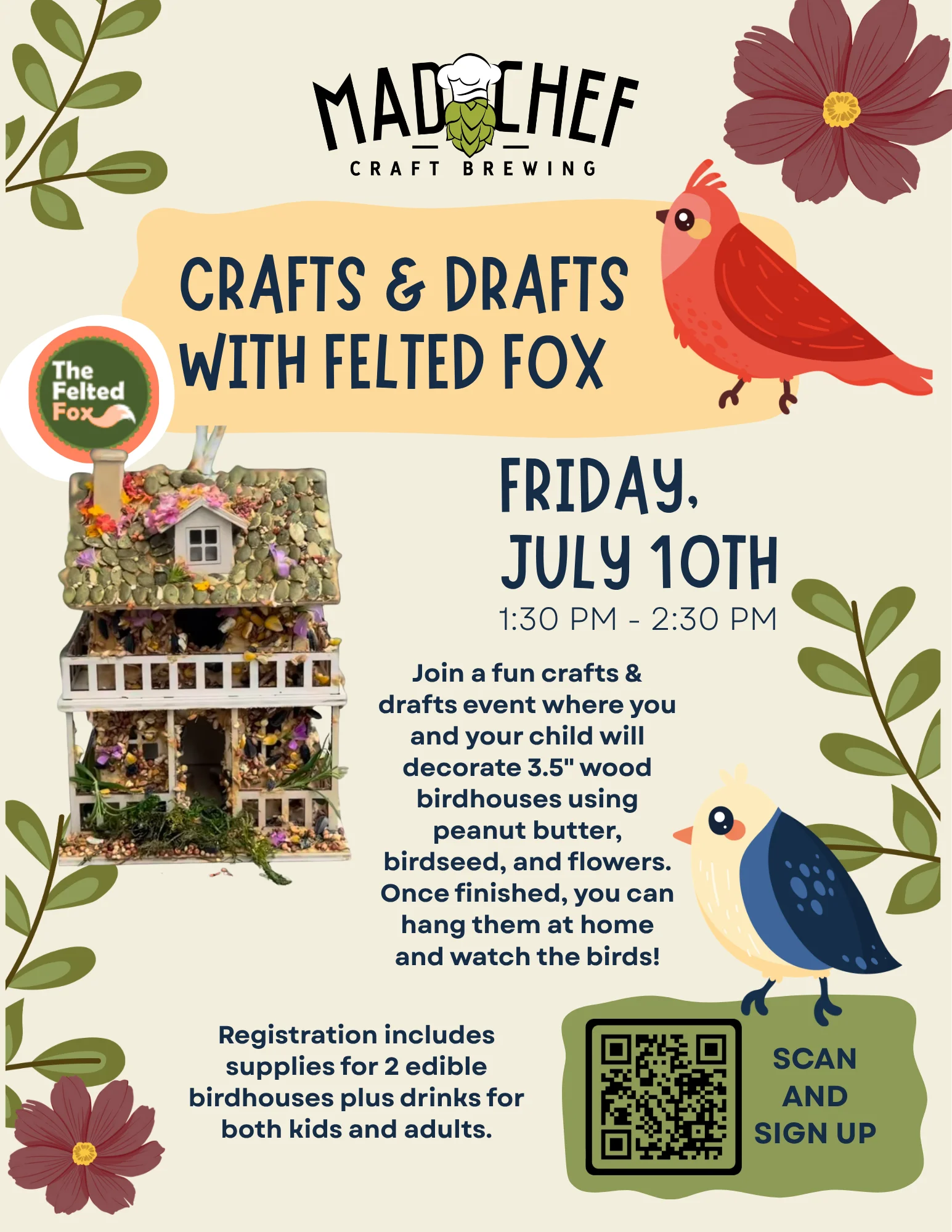 Crafts and drafts event for kids decorating birdhouses at Mad Chef Brewing