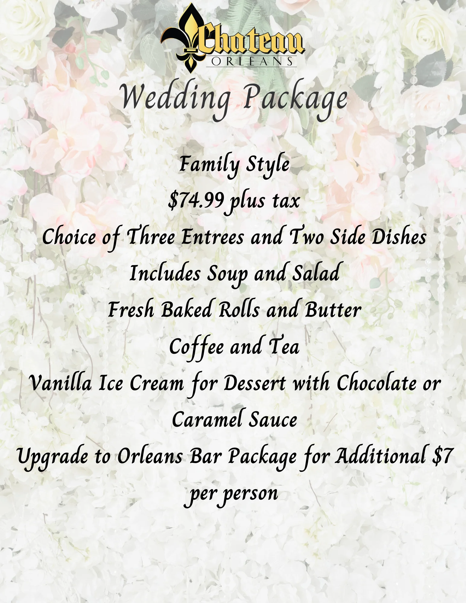Elegant wedding package menu from Chateau Orleans