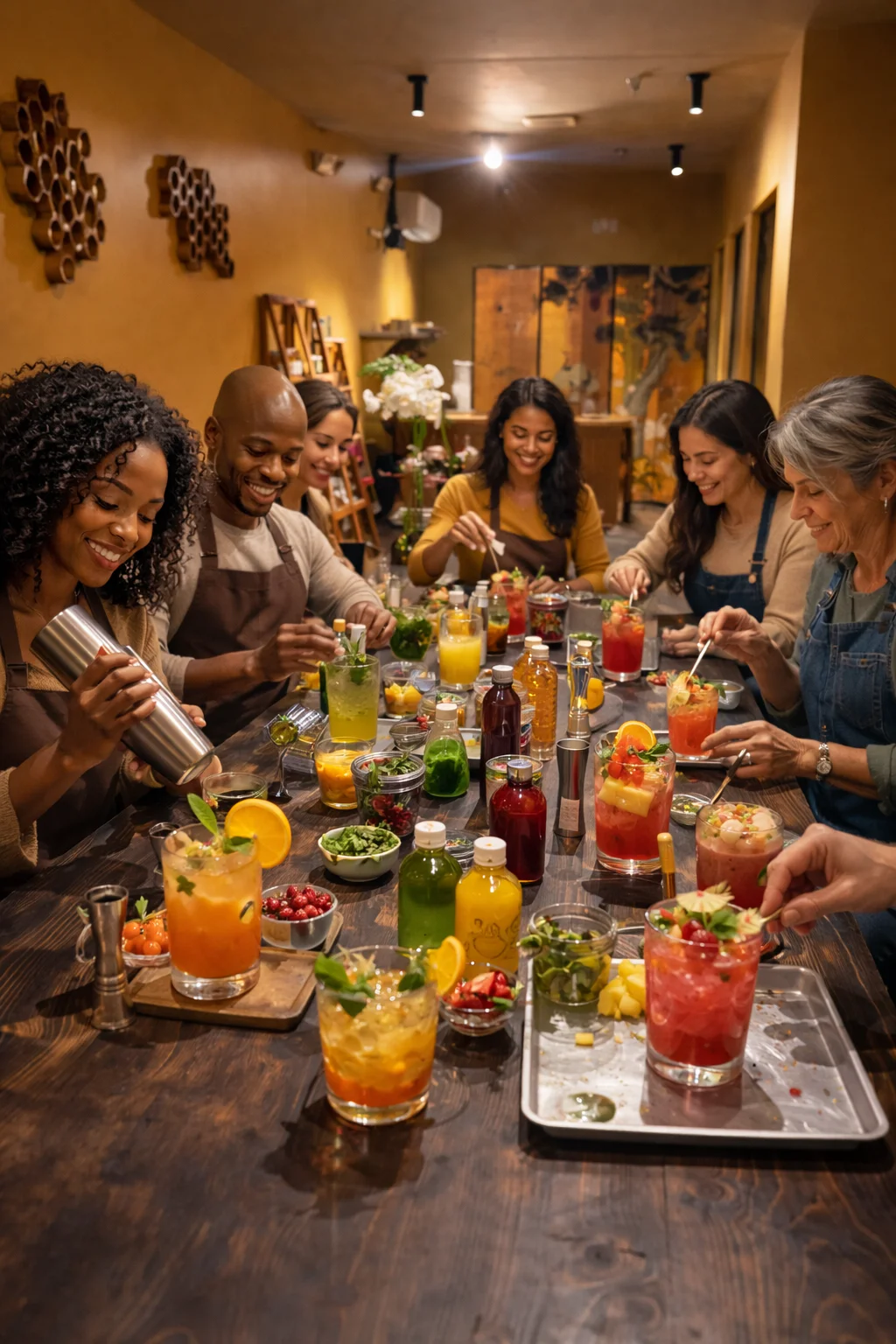 Group of friends crafting colorful cocktails at a vibrant bar