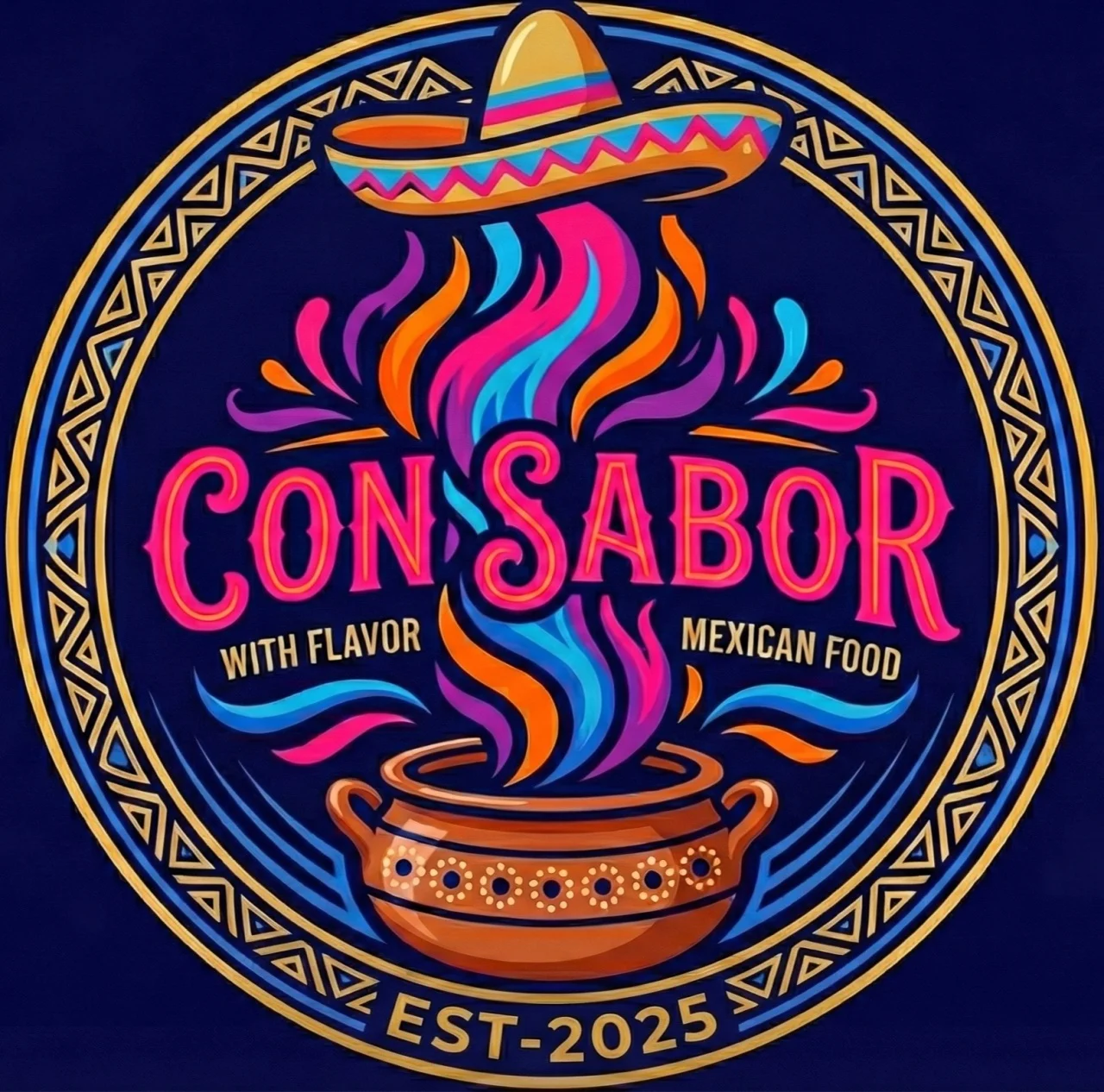 A vibrant and colorful logo featuring a pot and a sombrero, promoting a Mexican food restaurant with a playful design.