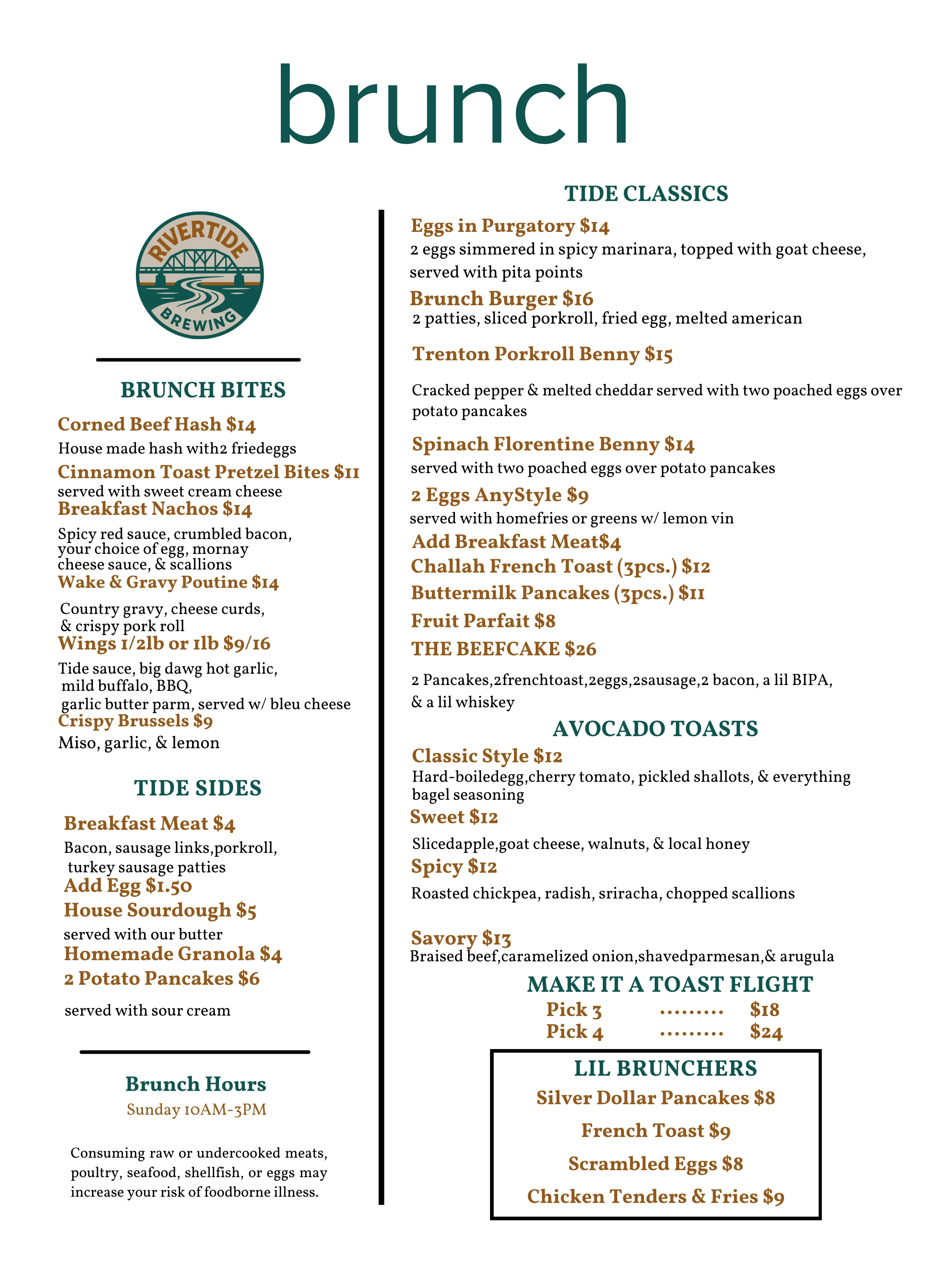Brunch menu featuring diverse dishes and prices