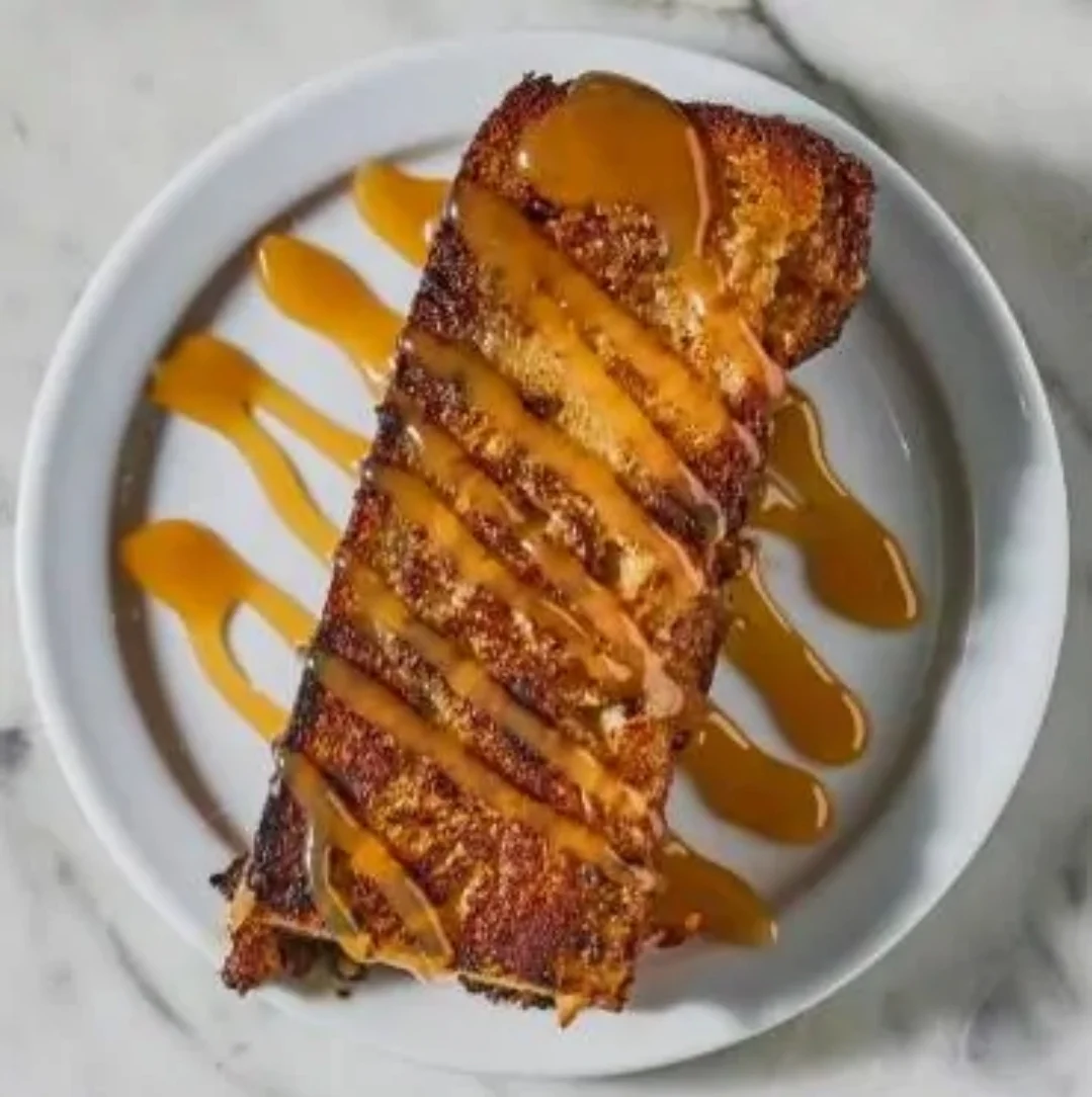 Delicious caramel-drizzled French toast slice