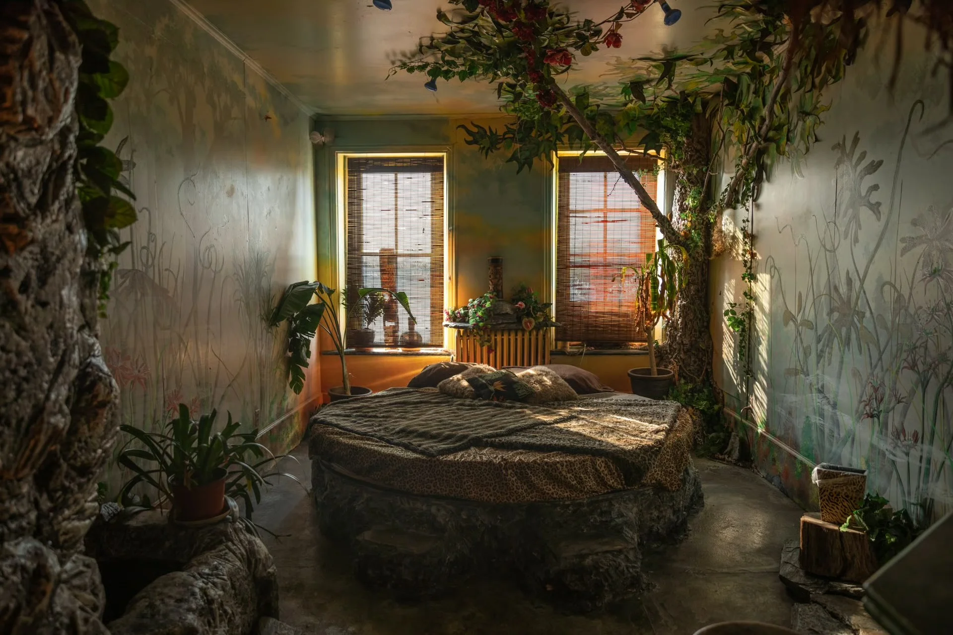Cozy, nature-inspired bedroom with plants and artistic decor