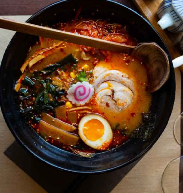 Spicy Japanese ramen with chashu pork and soft-boiled egg