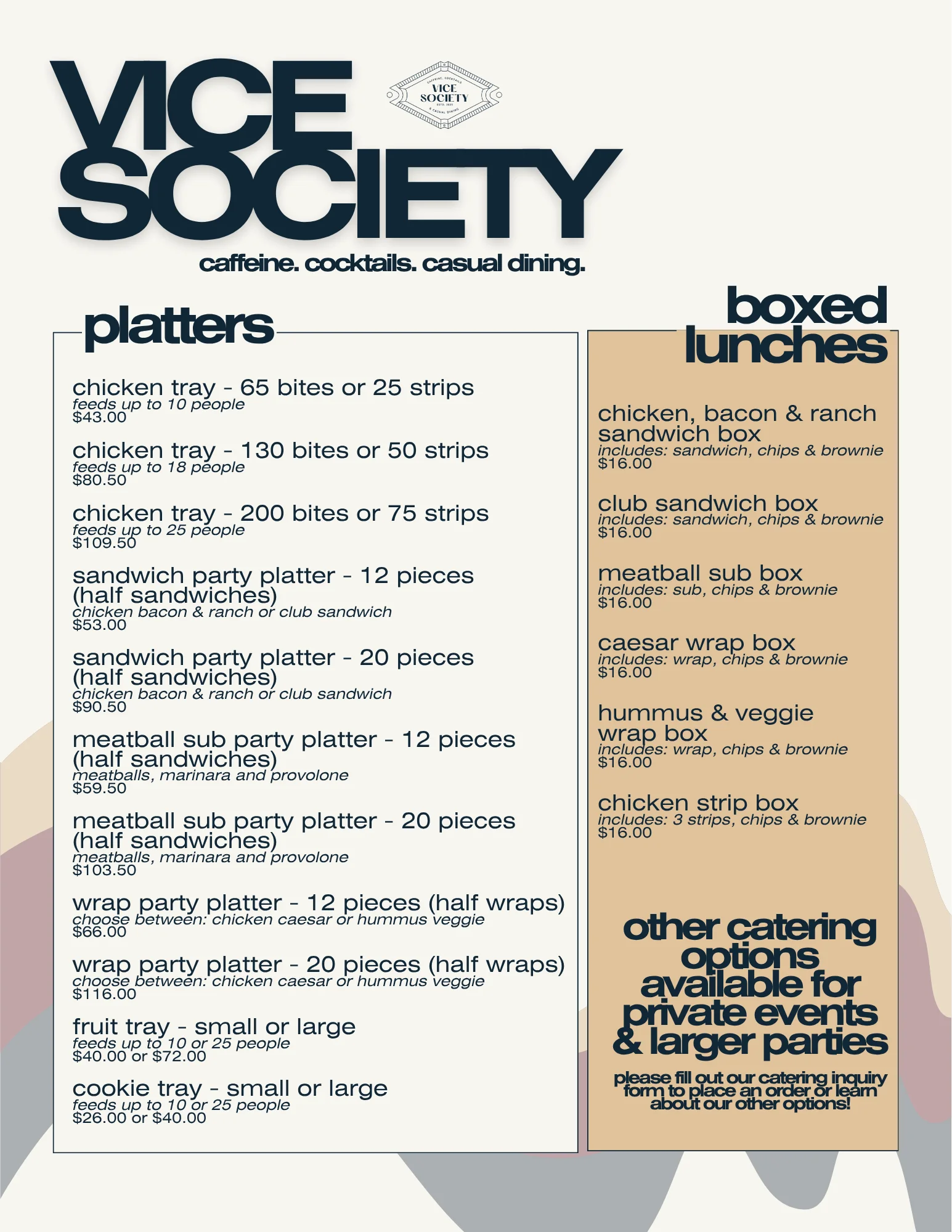 Catering menu featuring various food options and pricing details.