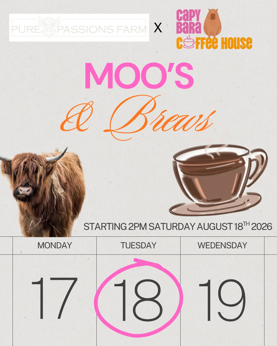 Event poster for Moo's & Brews at Capybara Coffee House