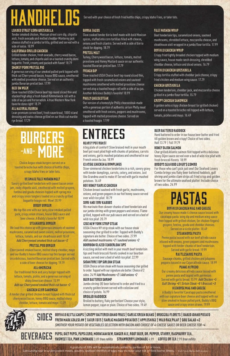 Diverse restaurant menu featuring American comfort food and handhelds