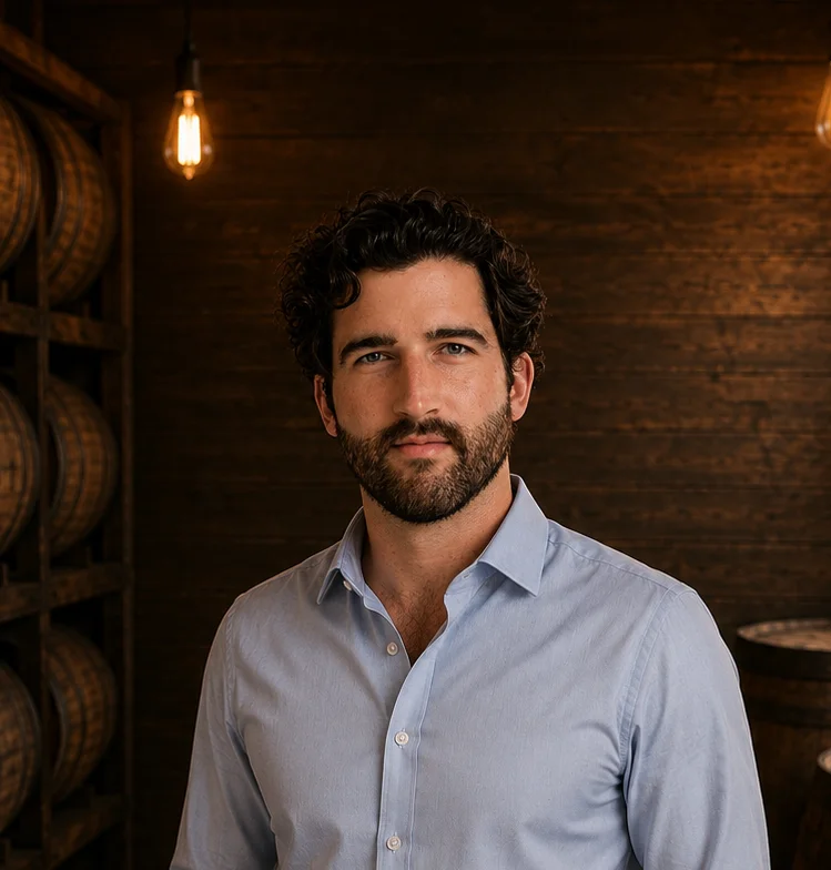 Smiling man in a restaurant with barrels in the background