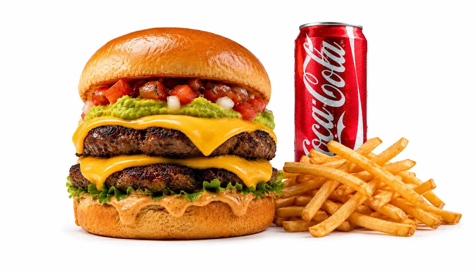 Double cheeseburger with guacamole and fries