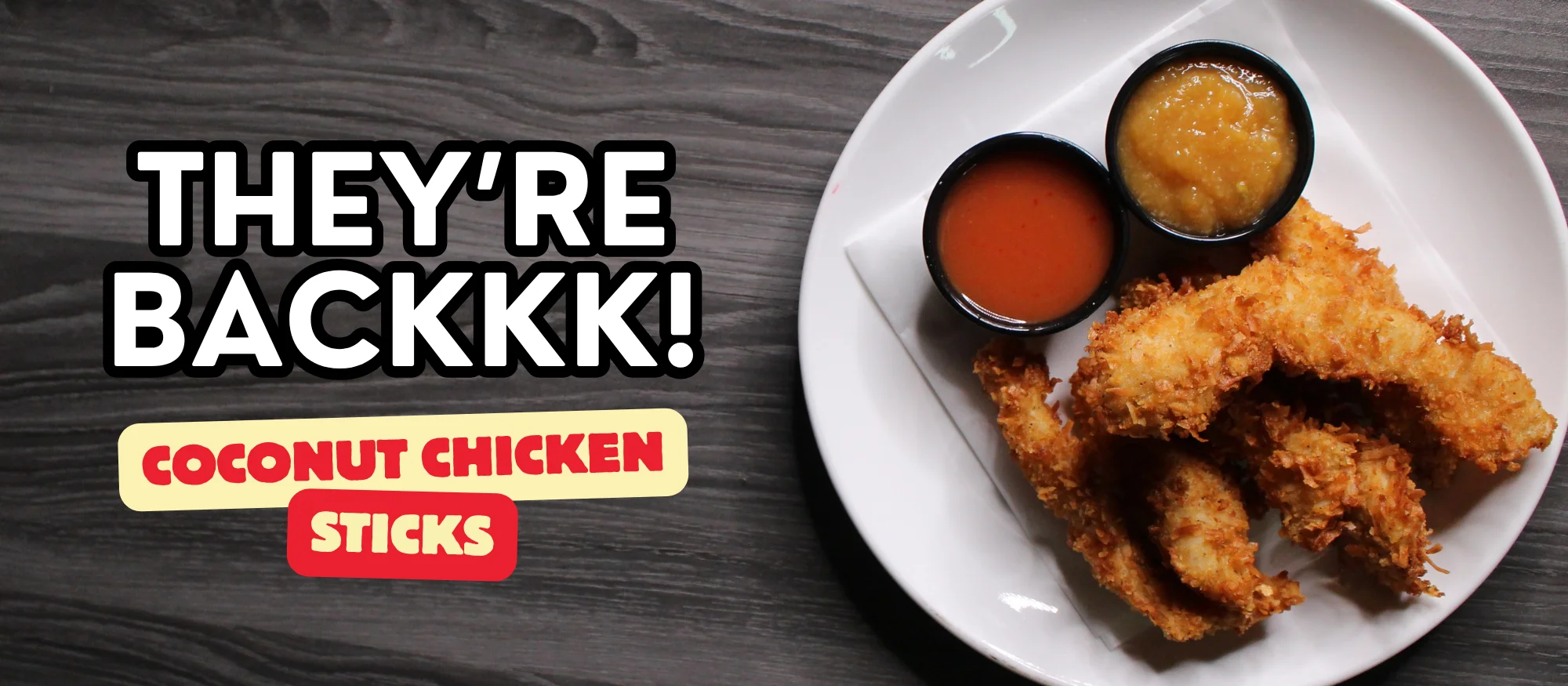 Crispy coconut chicken sticks with dipping sauces