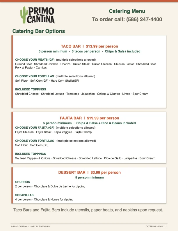 Restaurant catering menu featuring taco, fajita, and dessert bar options