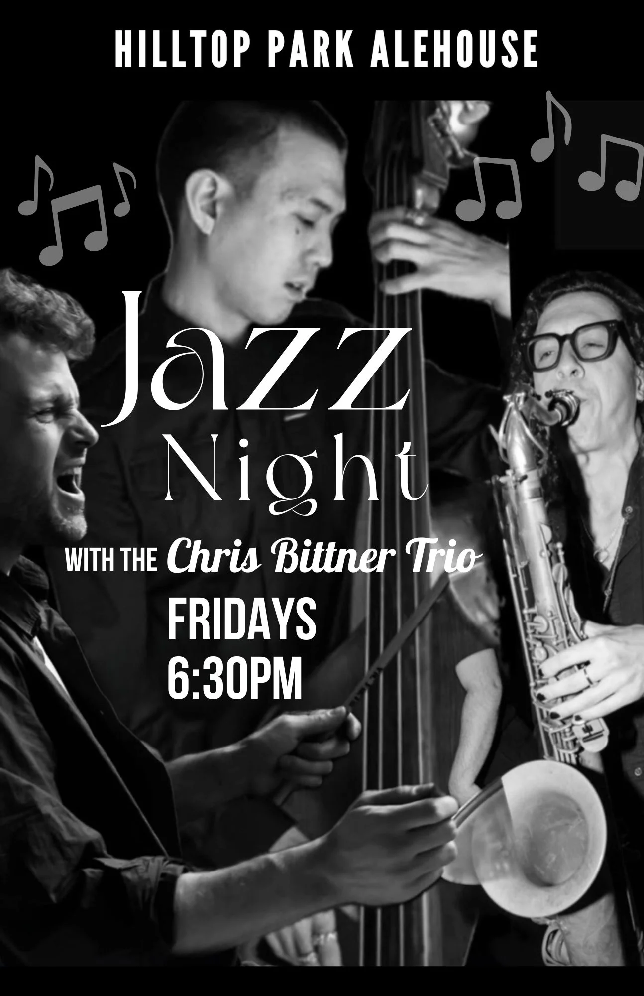 Black-and-white jazz trio performing at a restaurant music night
