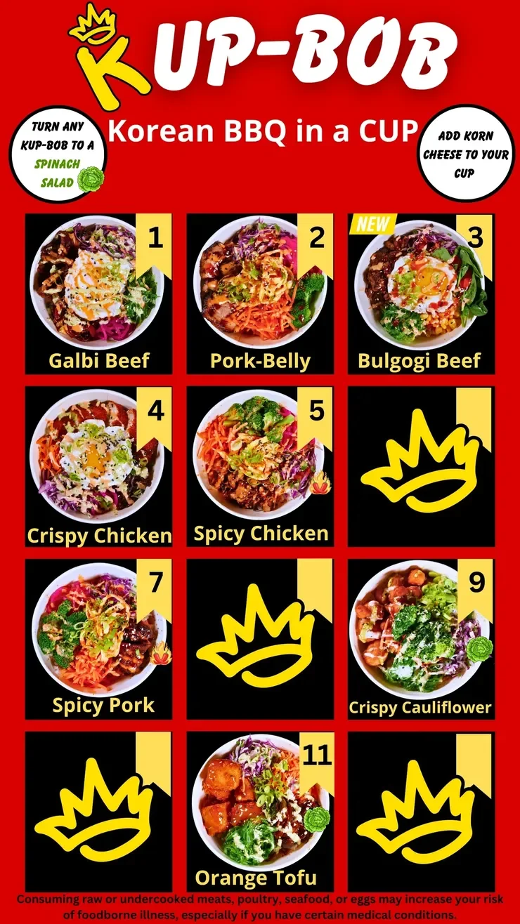 Korean BBQ cups featuring galbi beef, pork belly, and spicy chicken
