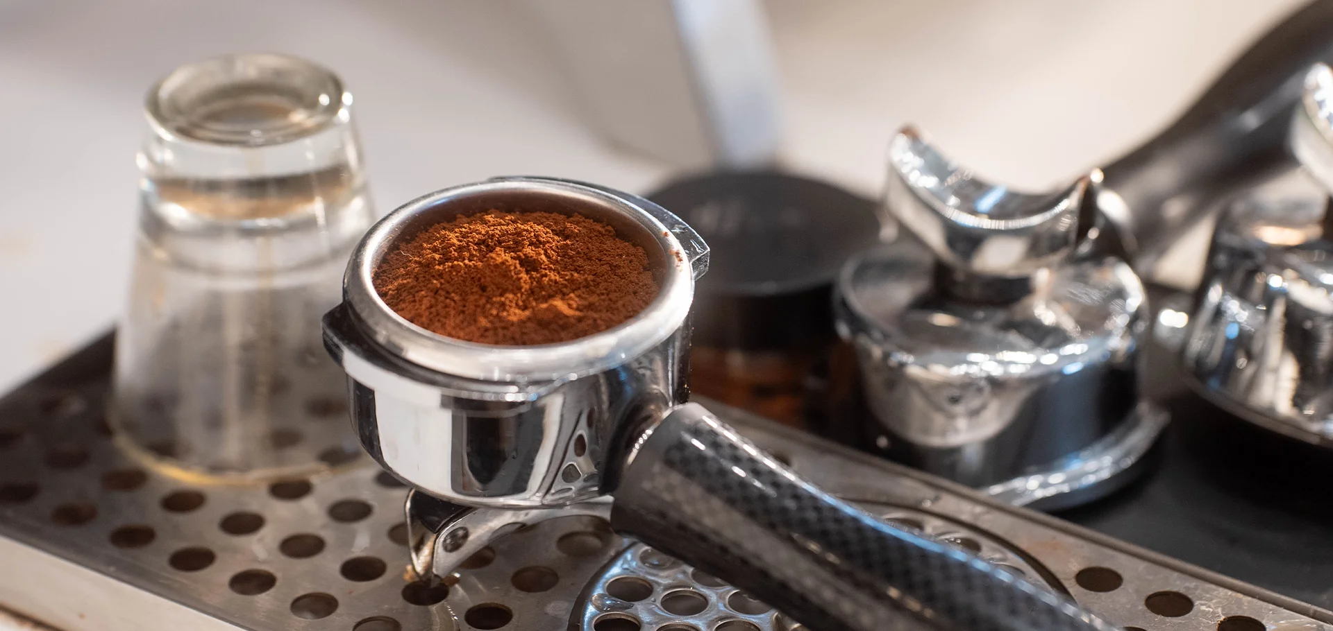 Espresso coffee grounds in a portafilter