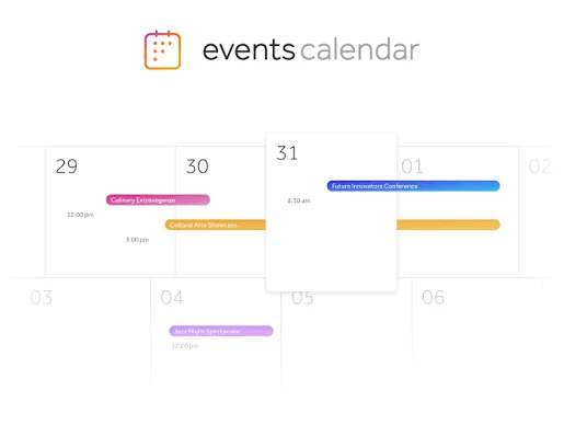 Monthly calendar layout with color-coded events and activities