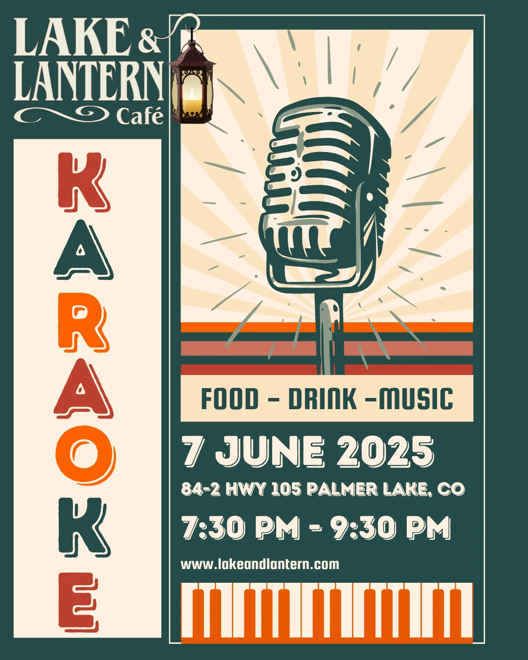 Karaoke night event poster at Lake & Lantern Café
