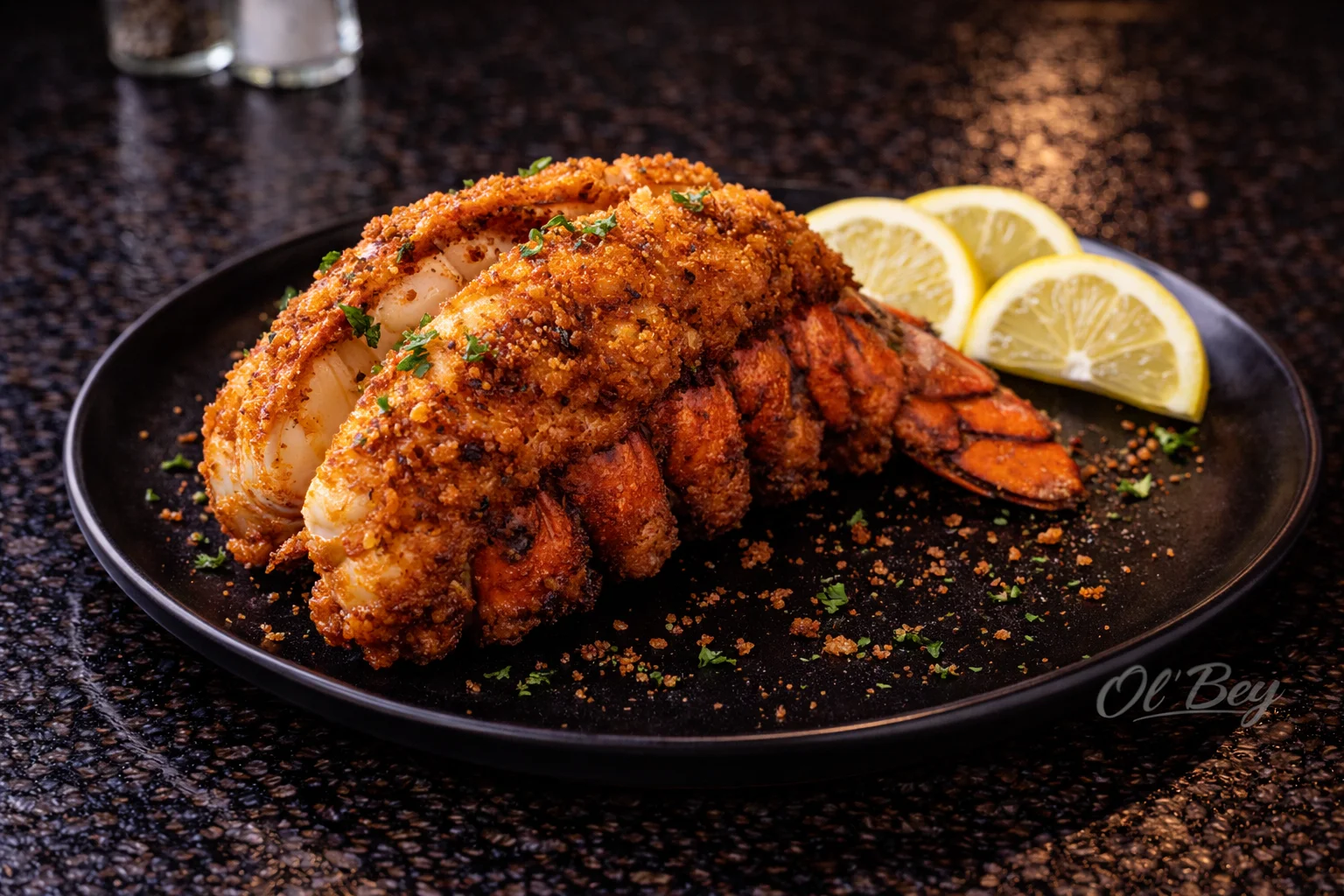 A beautifully presented lobster tail, coated in a crispy topping, served with lemon slices.
