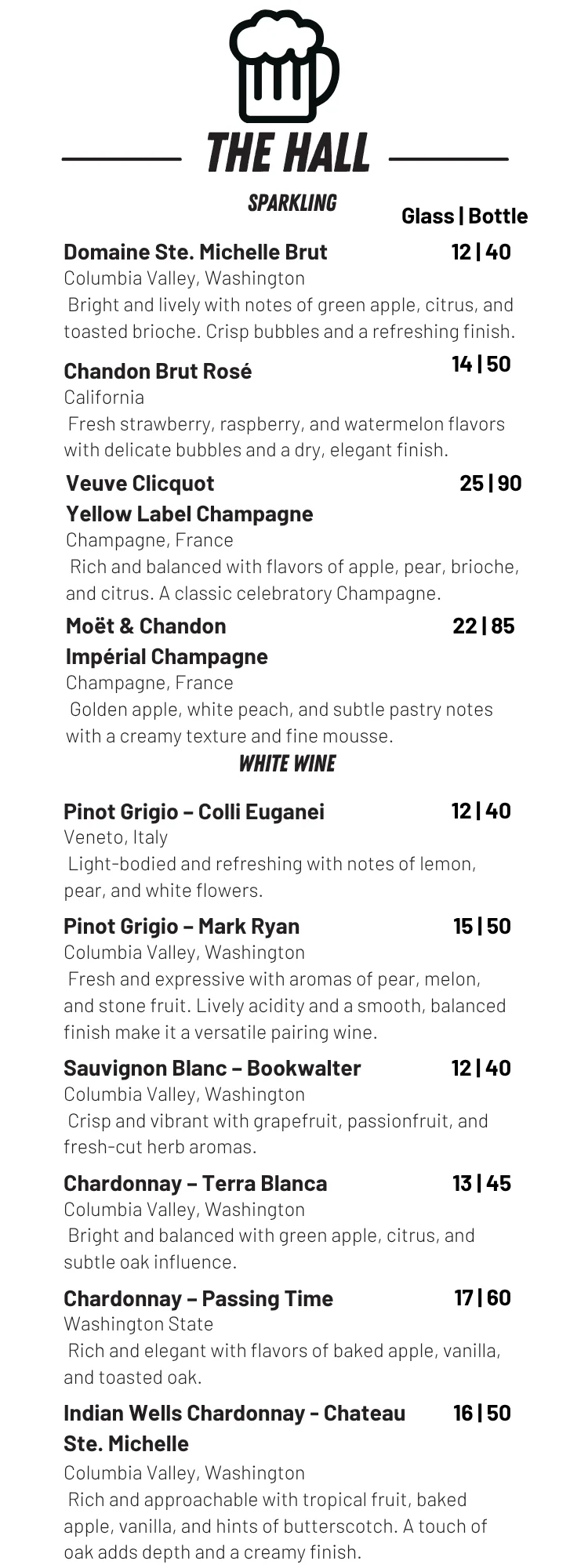 Wine menu featuring sparkling and white selections