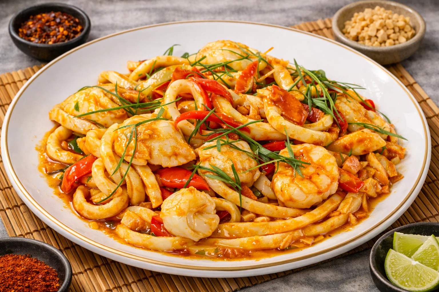 Spicy Thai seafood stir-fry with noodles