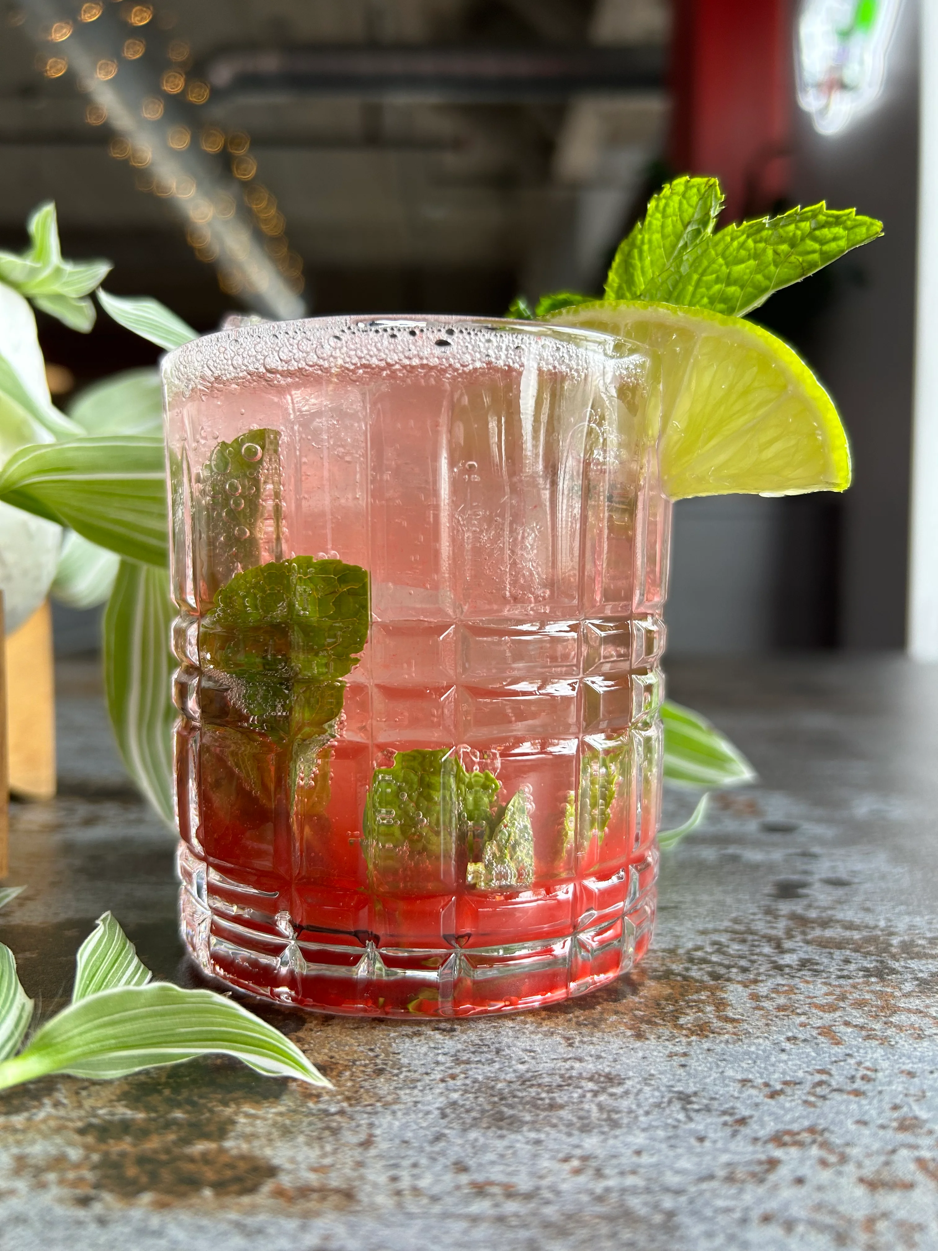 Refreshing cocktail with mint and lime garnish