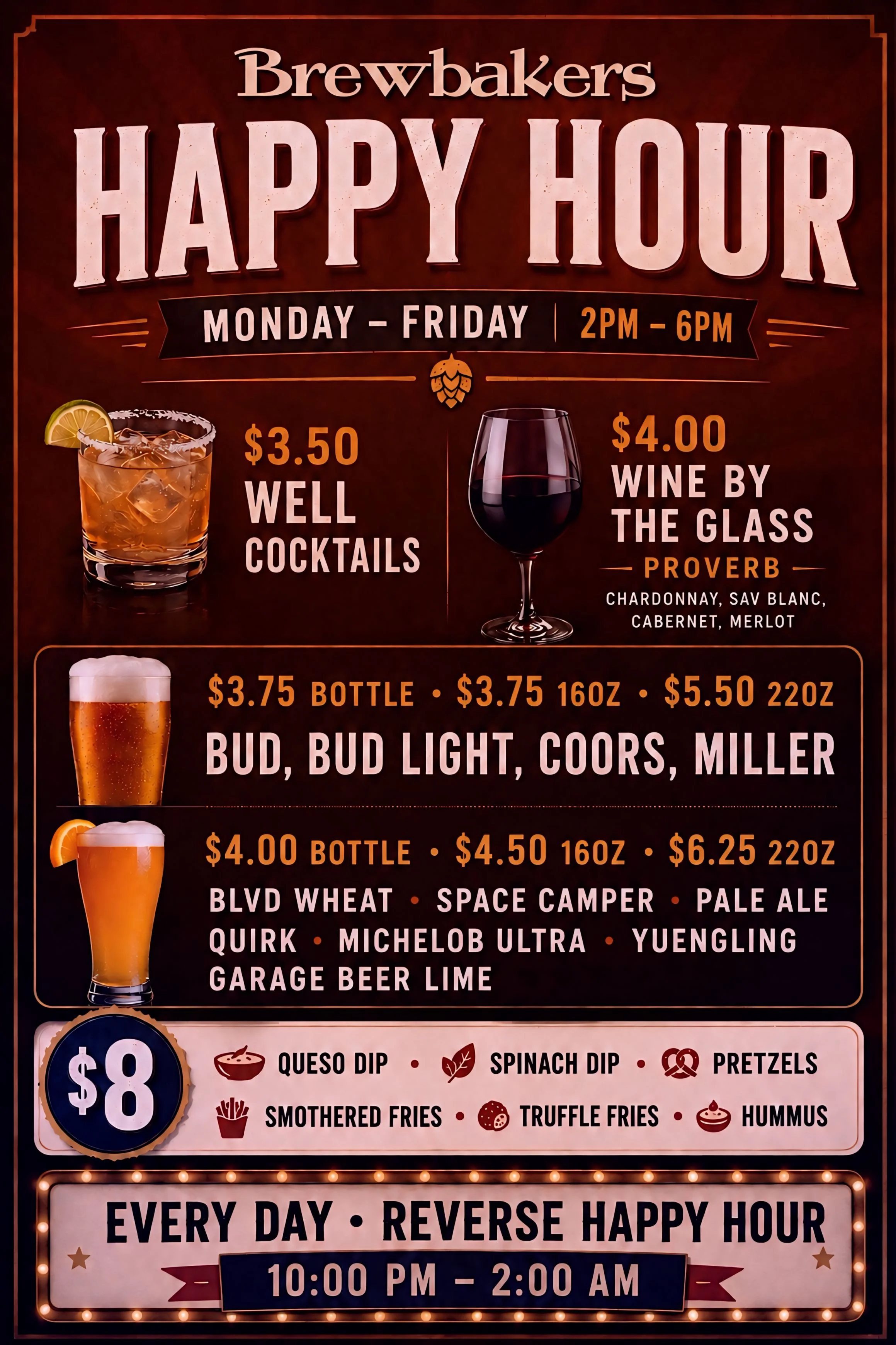 Happy hour menu at Brewbakers featuring drinks and snacks