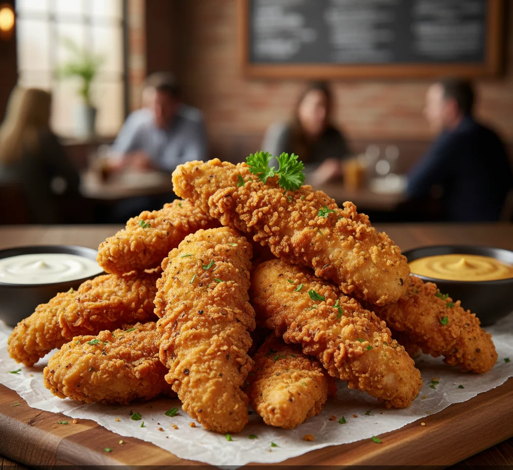 Crispy fried chicken tenders served with dipping sauces