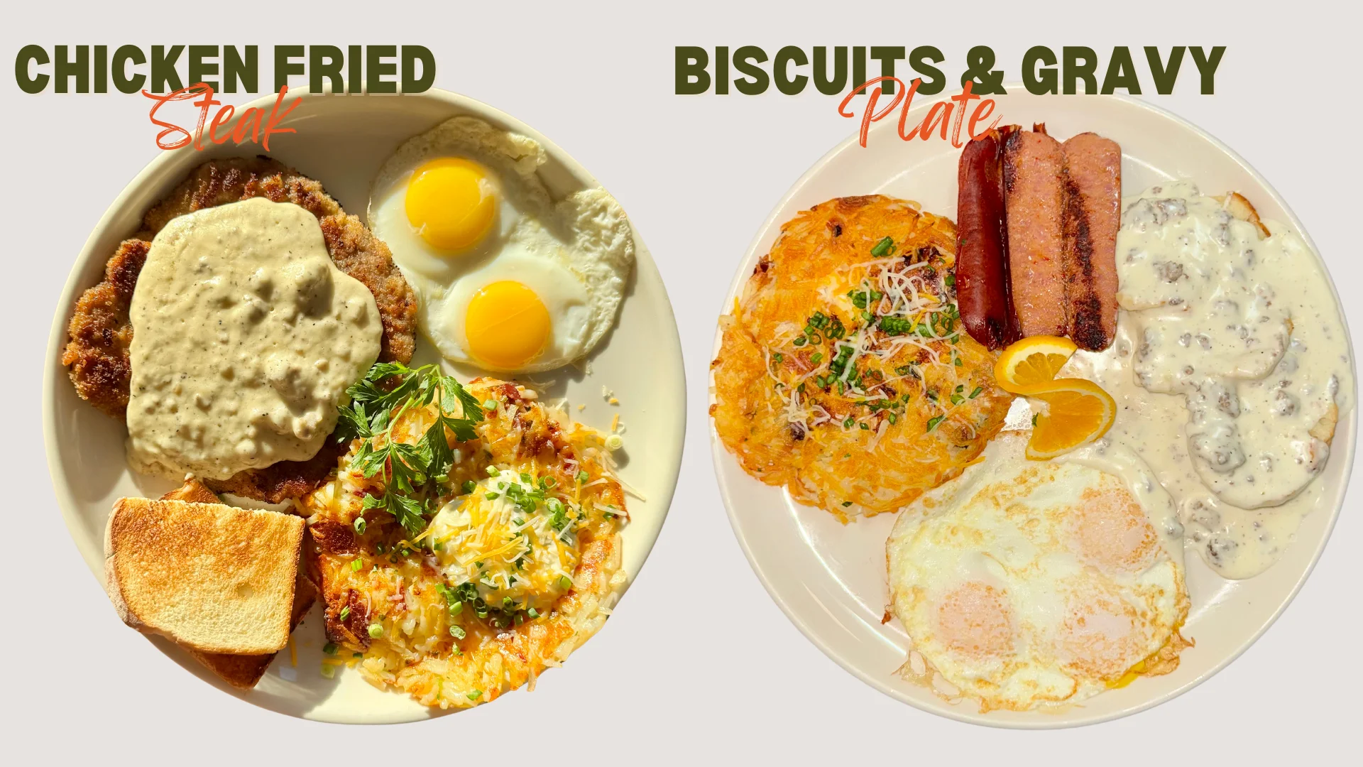 A hearty plate featuring chicken fried steak with gravy, eggs, and a side of hash browns and toast.