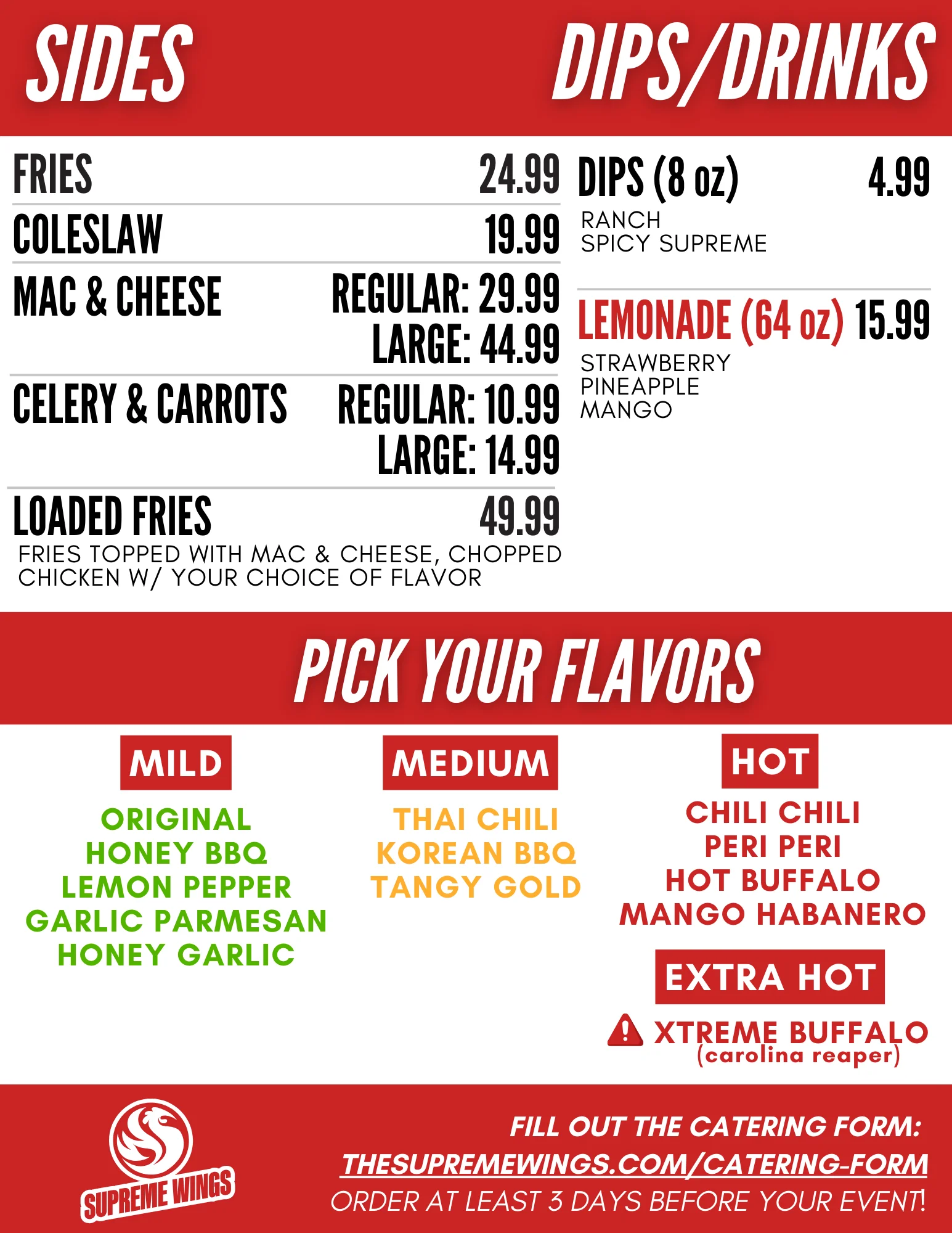 Menu featuring sides and dips for wings at a casual dining restaurant