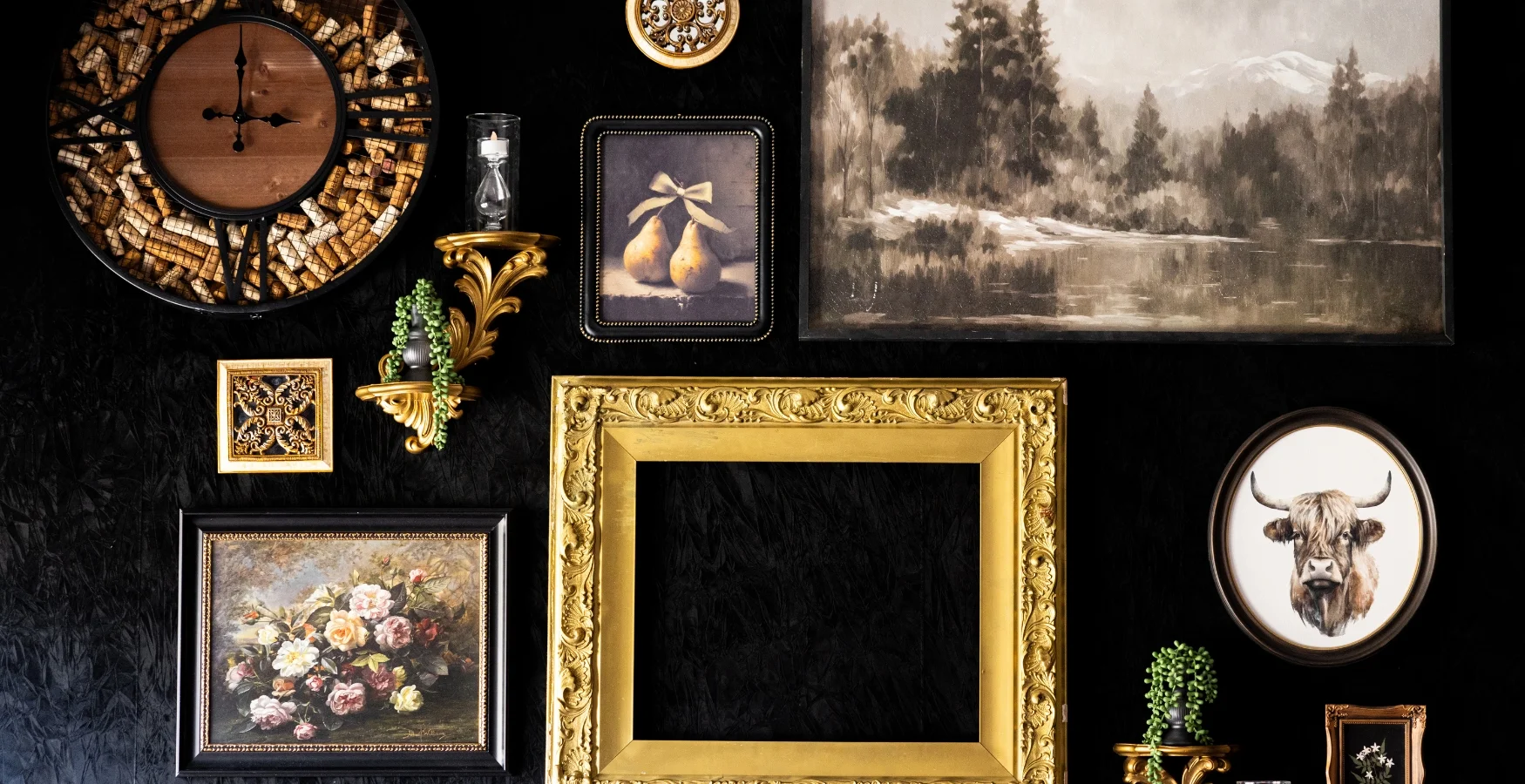 Framed artwork on dark walls in the dining room at Bass Street restaurant in downtown Moline, IL