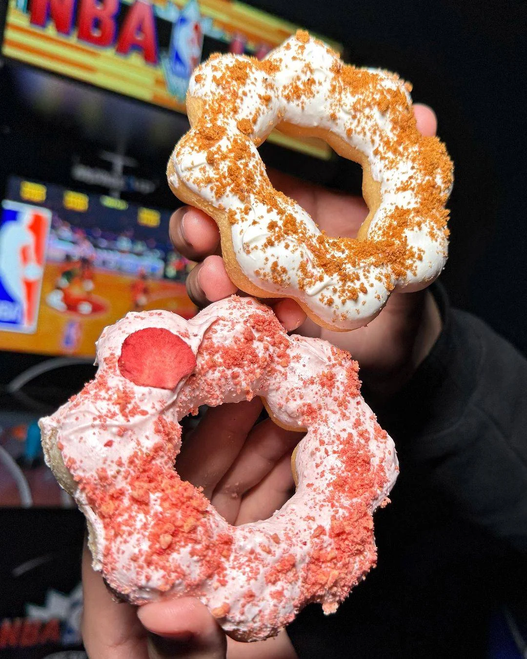 Colorful gourmet donuts with frosting and toppings