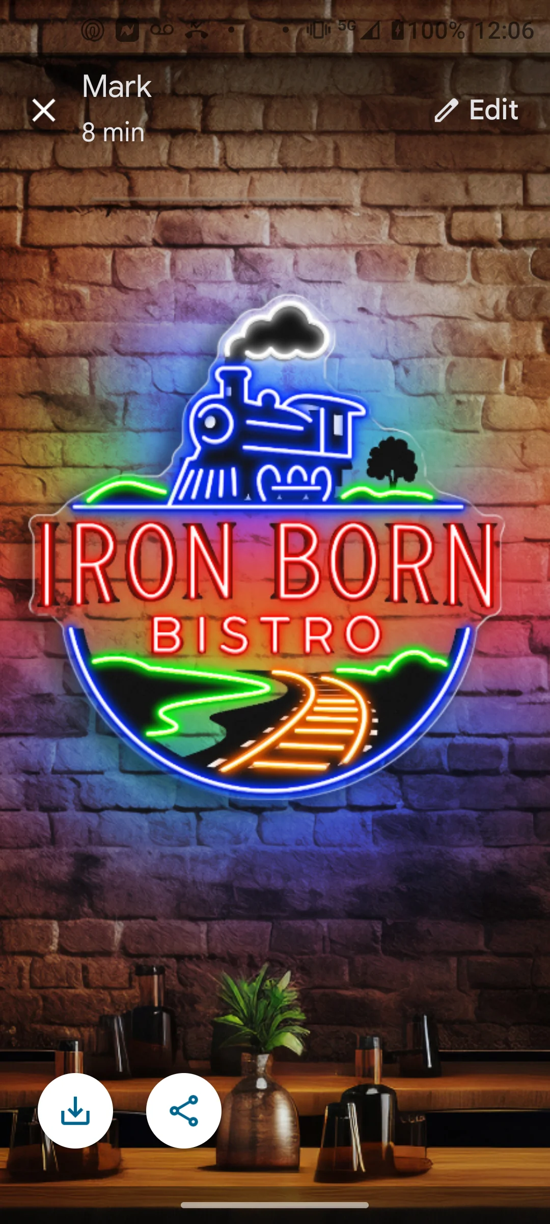 Neon sign of Iron Born Bistro with train motif