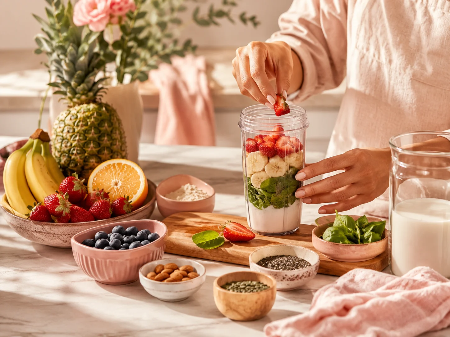 Colorful smoothie bowl preparation with fresh fruits and greens