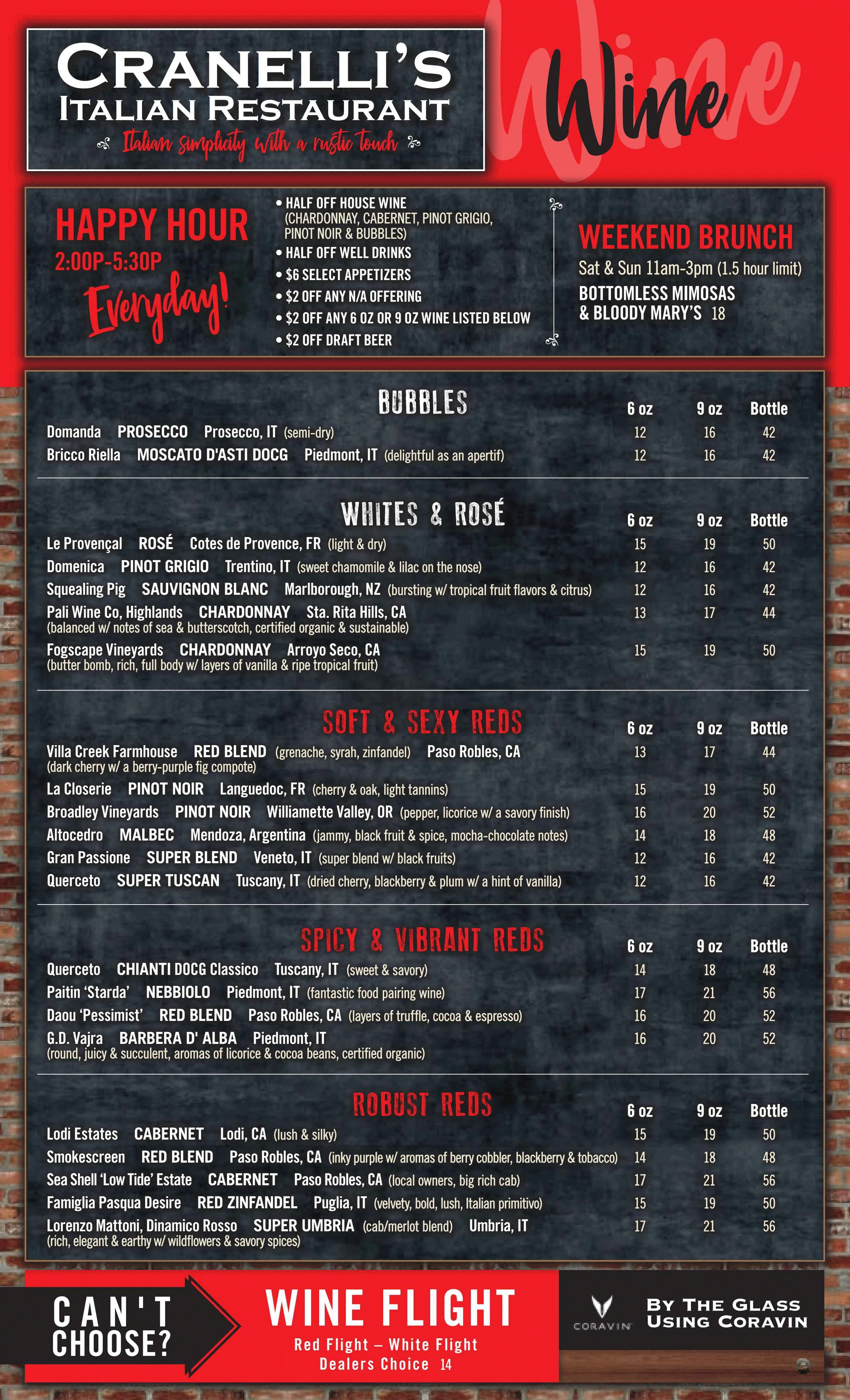 Wine menu featuring Italian selections at Cranelli's Italian Restaurant