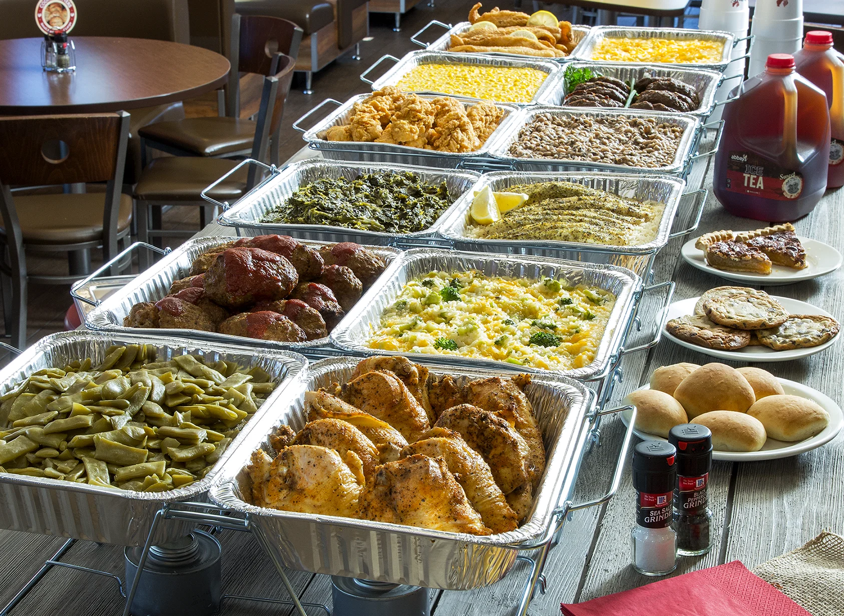 Southern-style buffet with fried chicken and sides