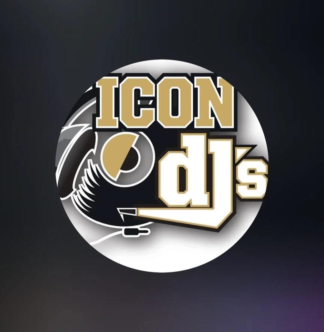Logo of Icon DJs featuring a turntable and bold typography