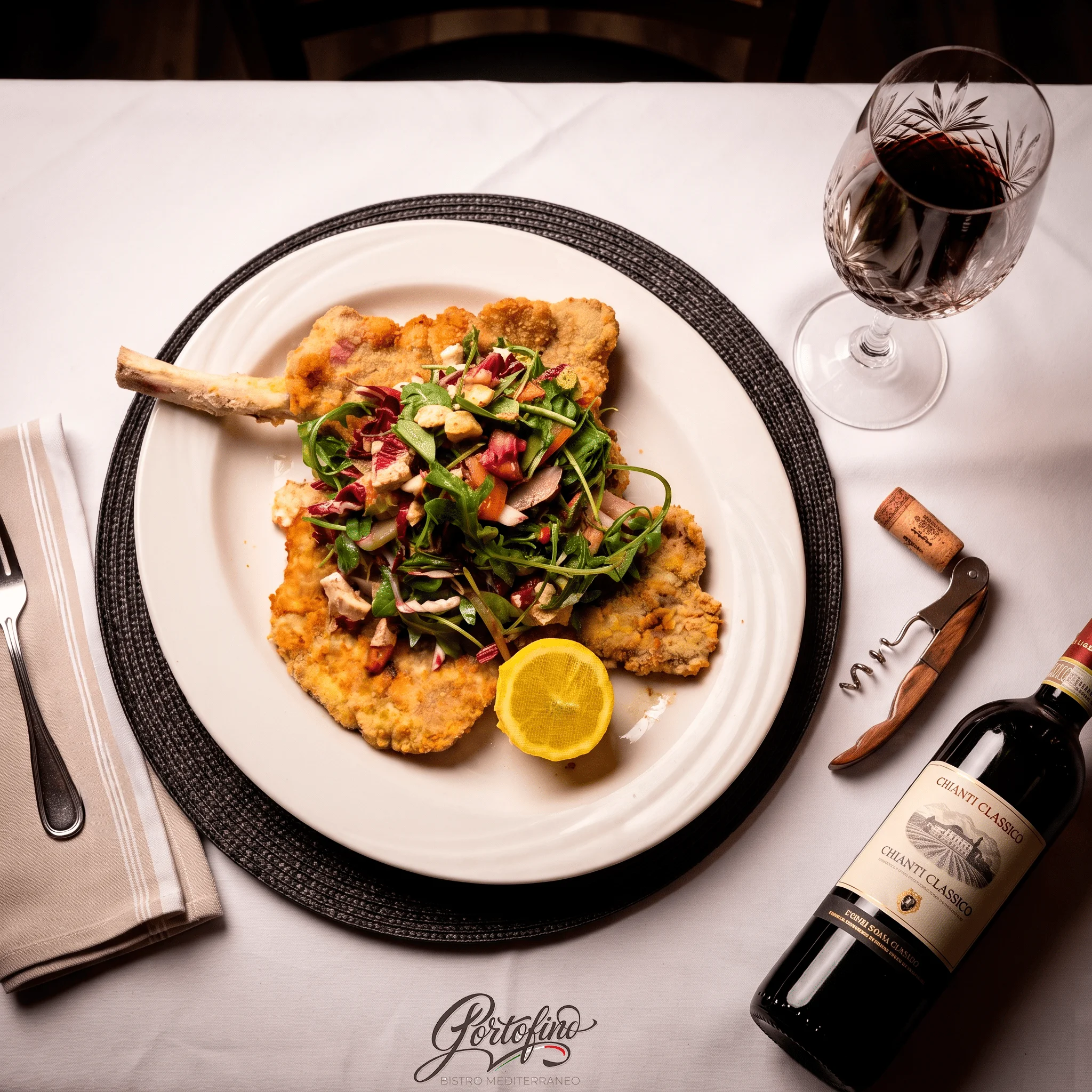 Italian cotoletta alla Milanese with salad and wine