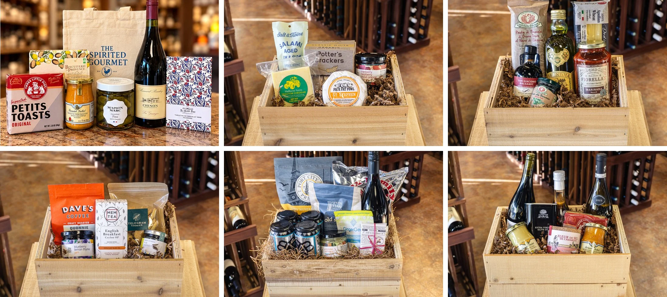 Gourmet gift baskets with wine, specialty foods, coffee, tea, and Italian pantry goods