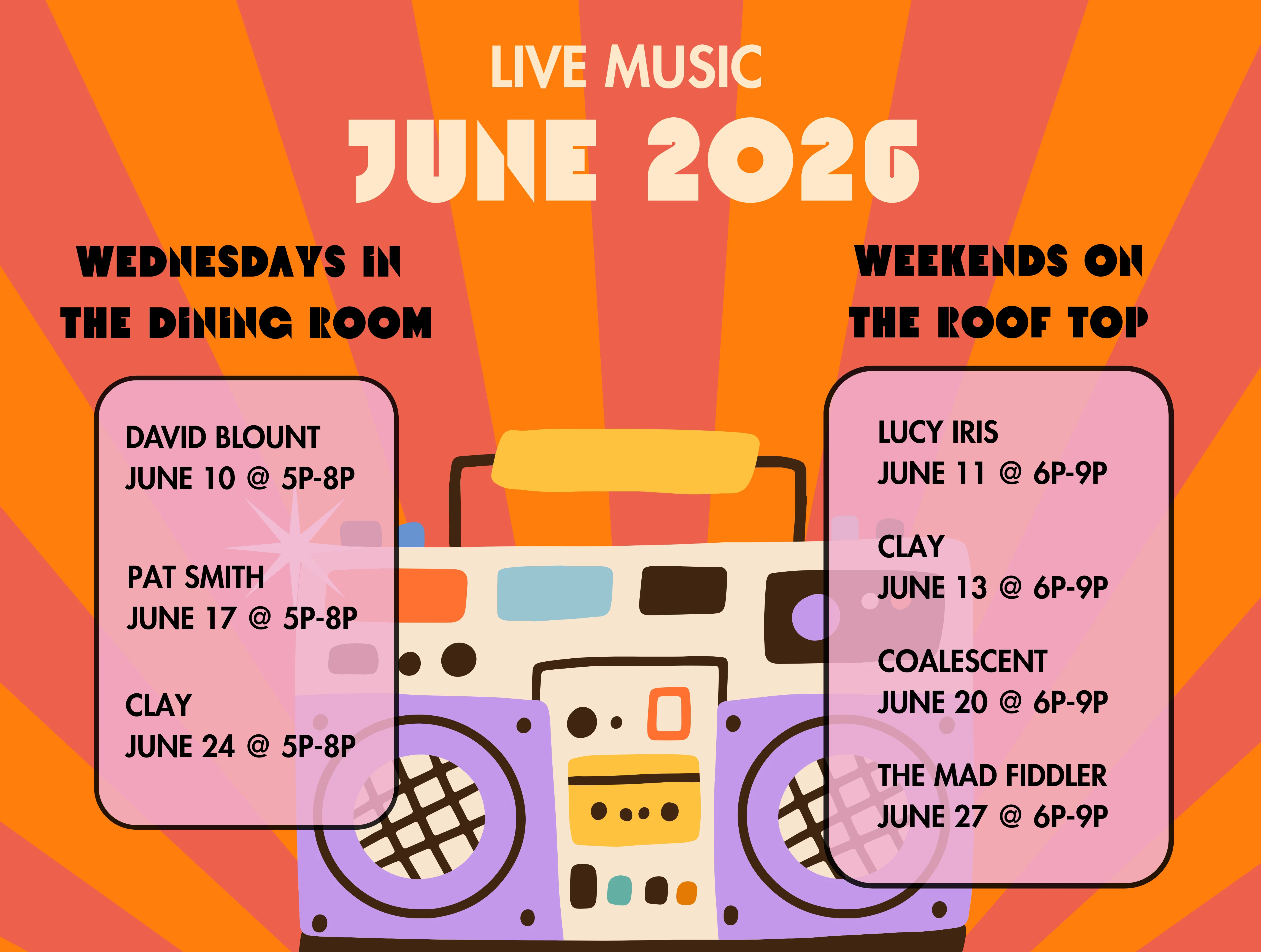 Live music schedule for June 2026 at a restaurant