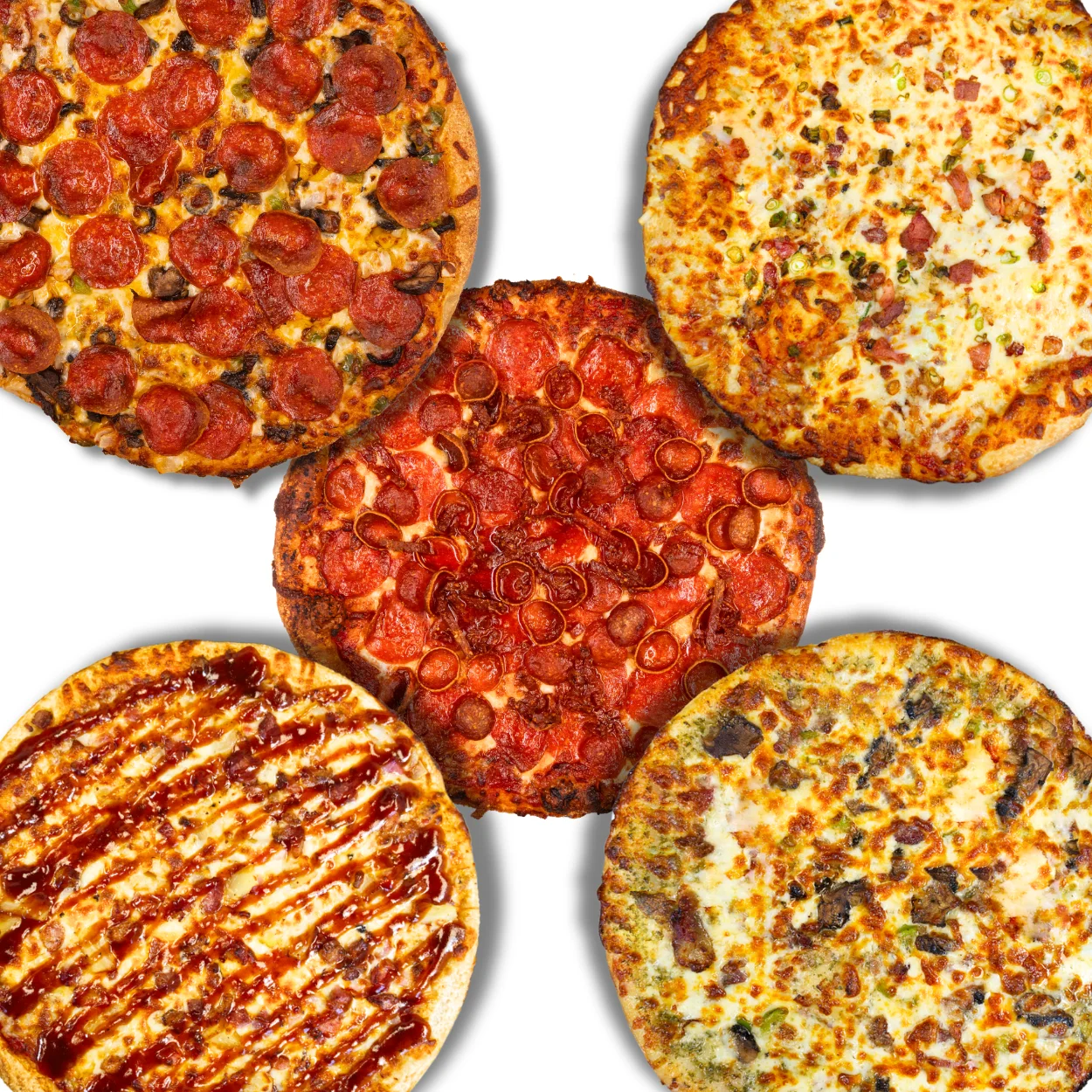 Variety of delicious pizzas including pepperoni and BBQ chicken