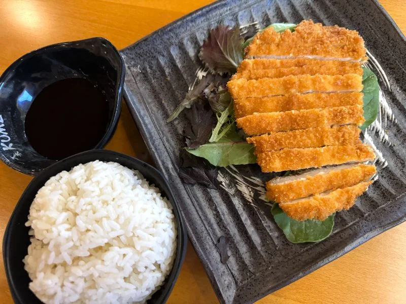 Japanese chicken katsu served with rice and dipping sauce