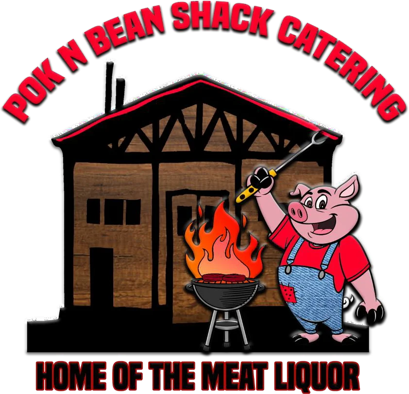 A colorful logo featuring a cartoon pig holding a grilling fork, with a fiery grill in front of a rustic building. The text reads 'Pok N Bean Shack Catering'.