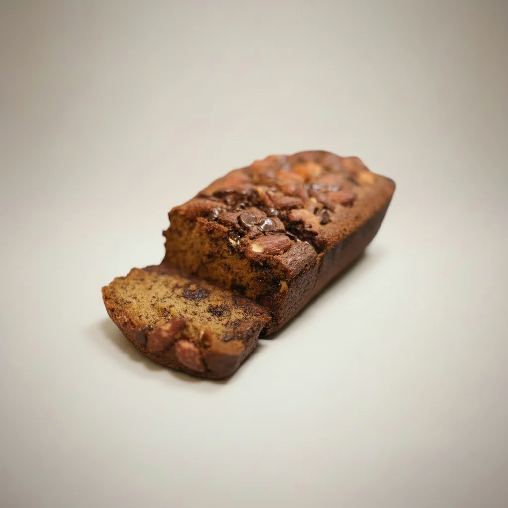 A baked loaf with chocolate chips and nuts, partially cut, showcasing its moist texture.