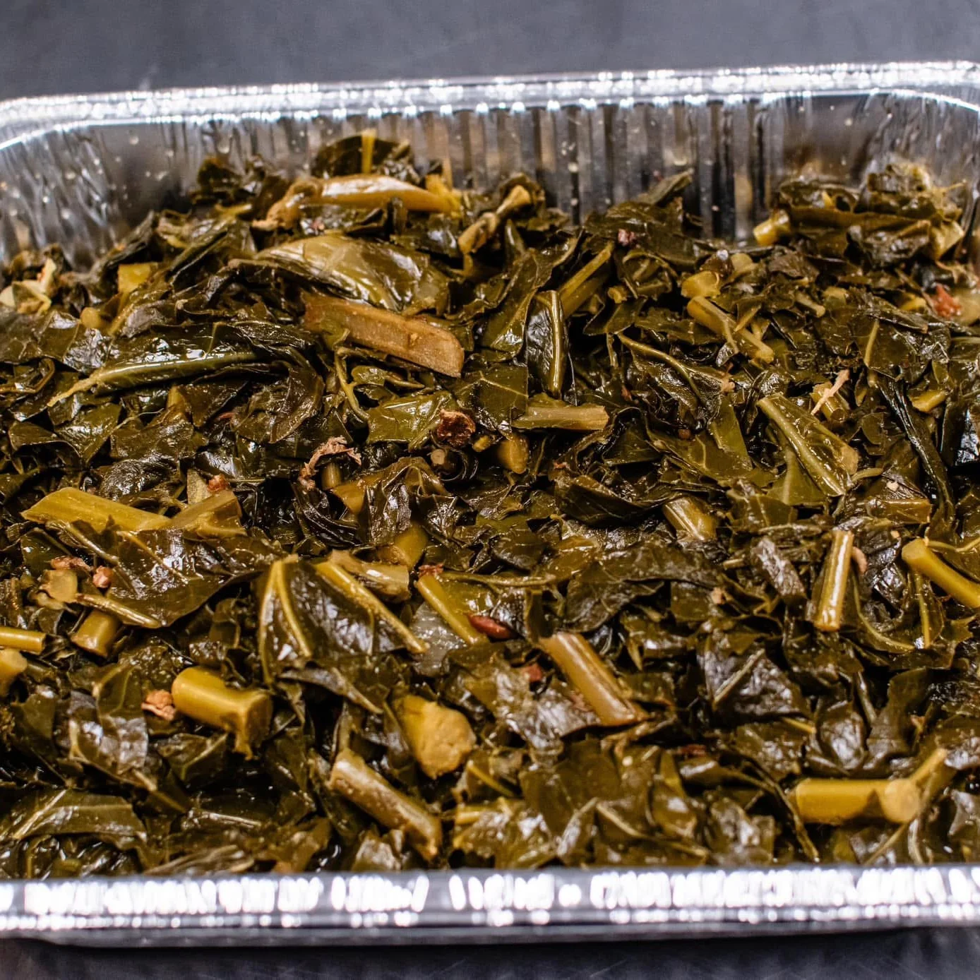 Southern-style collard greens in a serving tray