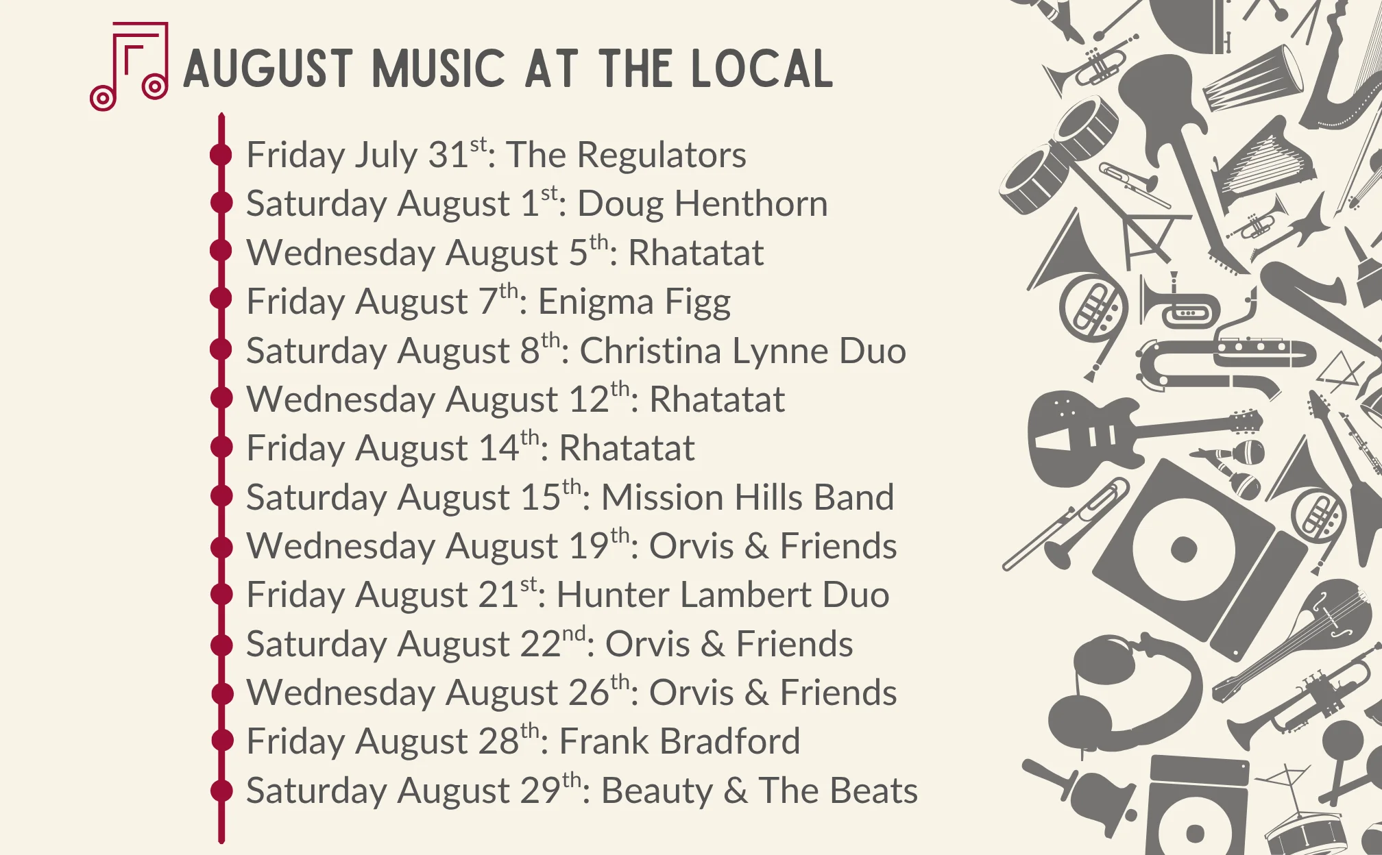 August music schedule at The Local featuring various artists