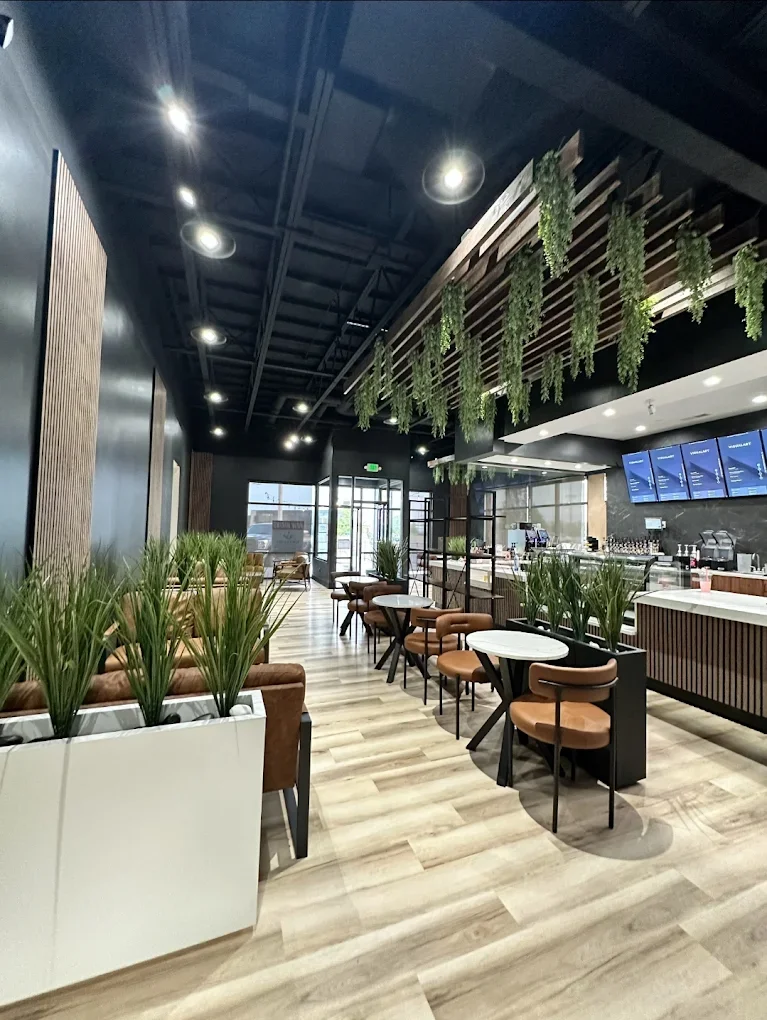 The interior of a stylish café showcasing a large open space with plants, wooden flooring, and a well-designed counter area.