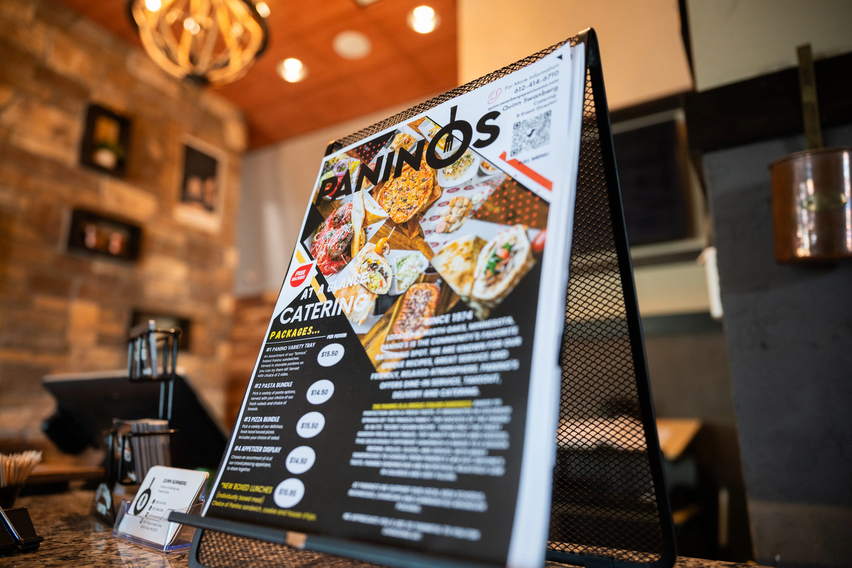 Catering menu display at a cozy restaurant