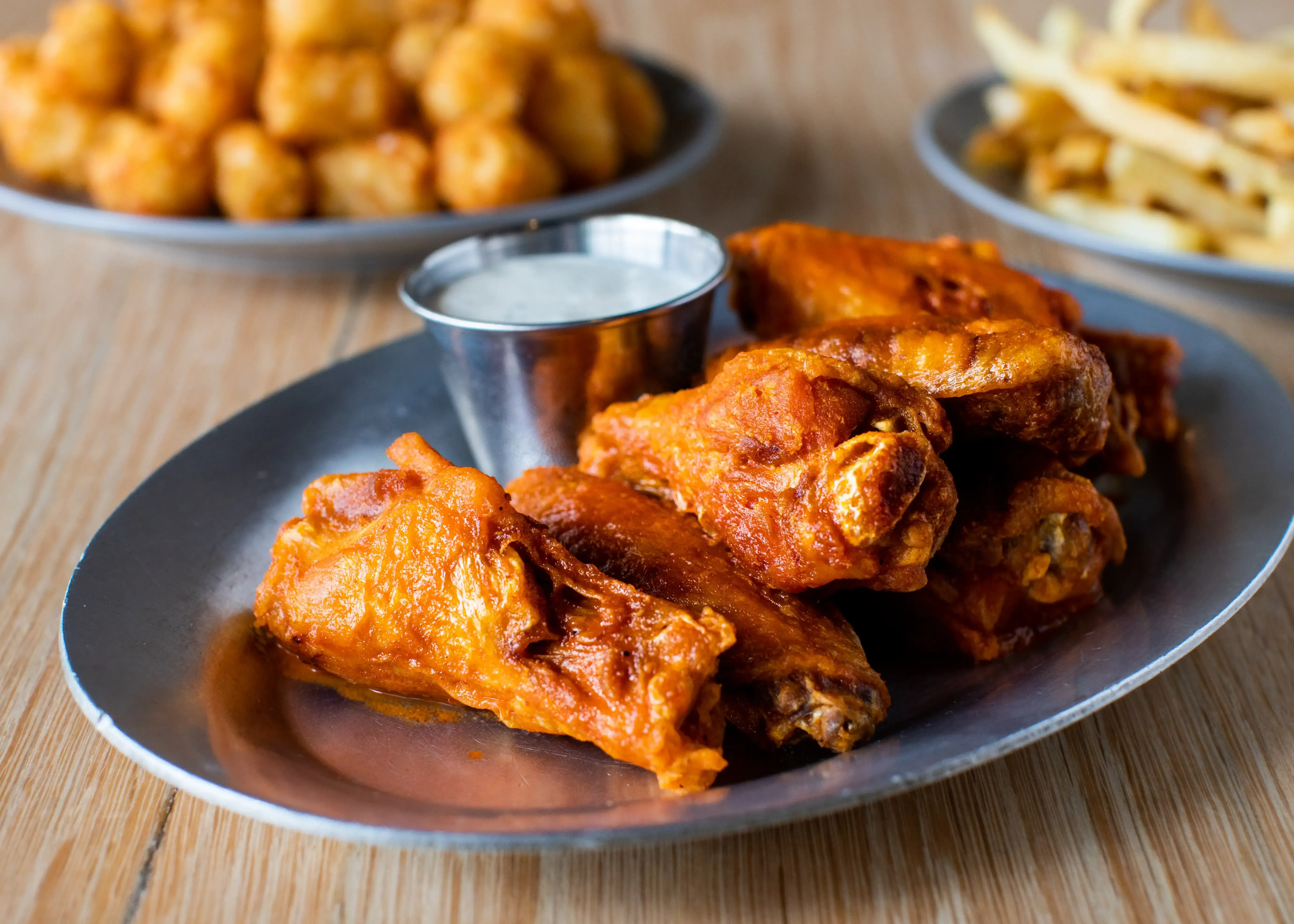 Crispy buffalo chicken wings with ranch dipping sauce